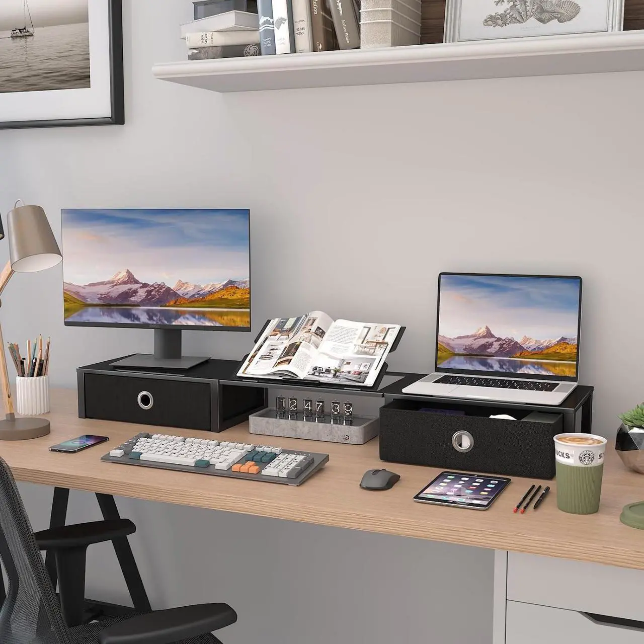 Alt view image 6 of 7 - WESTREE Monitor Stand Riser with Adjustable Laptop Stand Riser, Steel Frame Dual Monitor Stand with Two Drawers for 2 Monitors, Desktop Oraganizer Stand for Computer,Laptop,Screen