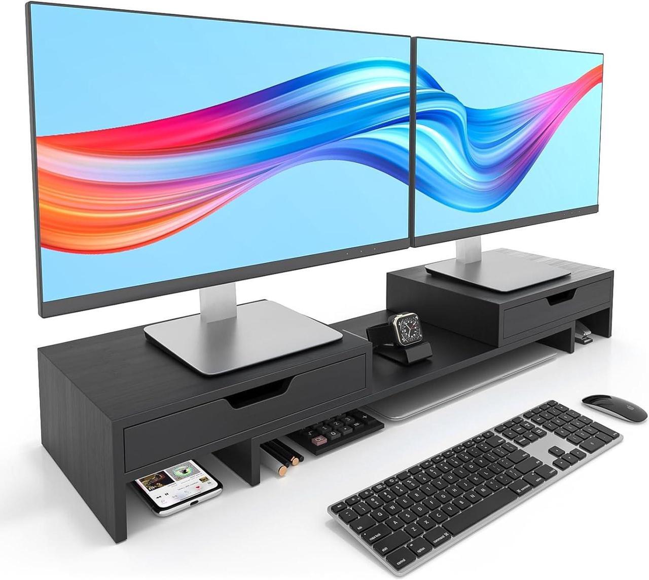 Main image of Epesoware Monitor Stand with 2 Drawers for Desk, Bamboo Dual Monitor Stand Riser with storage, Desk Shelf Organizer for Dual Computer Monitor Riser & Laptop, No Assembly Required, (Black)