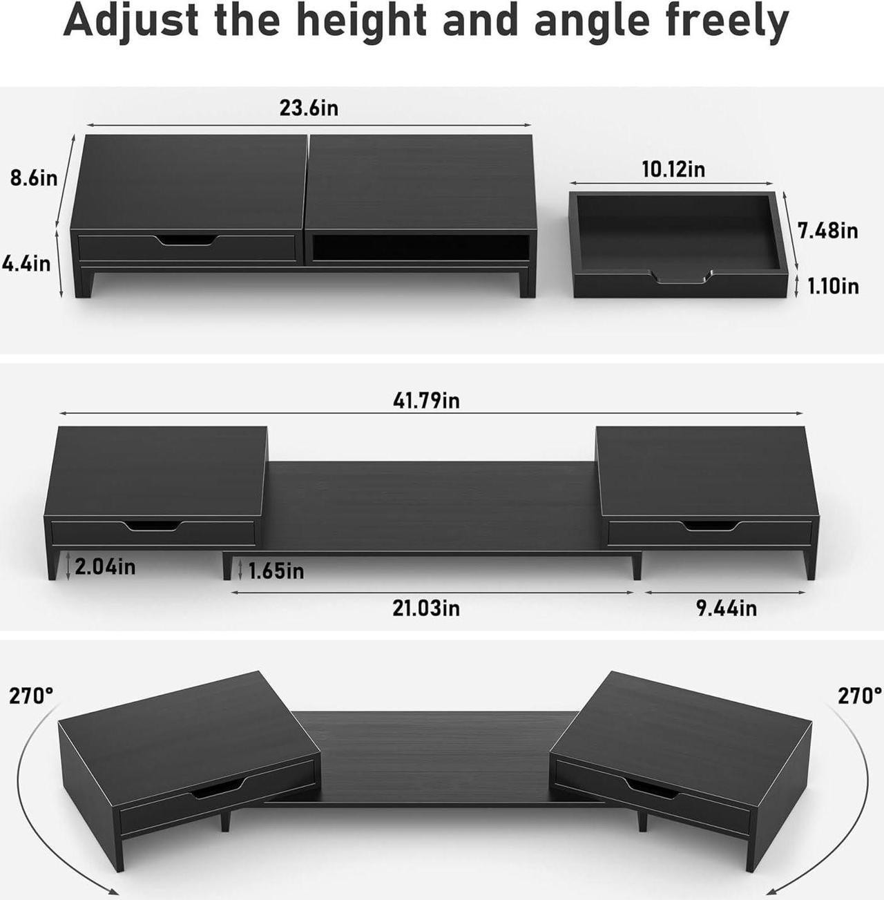 Alt view image 6 of 7 - Epesoware Monitor Stand with 2 Drawers for Desk, Bamboo Dual Monitor Stand Riser with storage, Desk Shelf Organizer for Dual Computer Monitor Riser & Laptop, No Assembly Required, (Black)