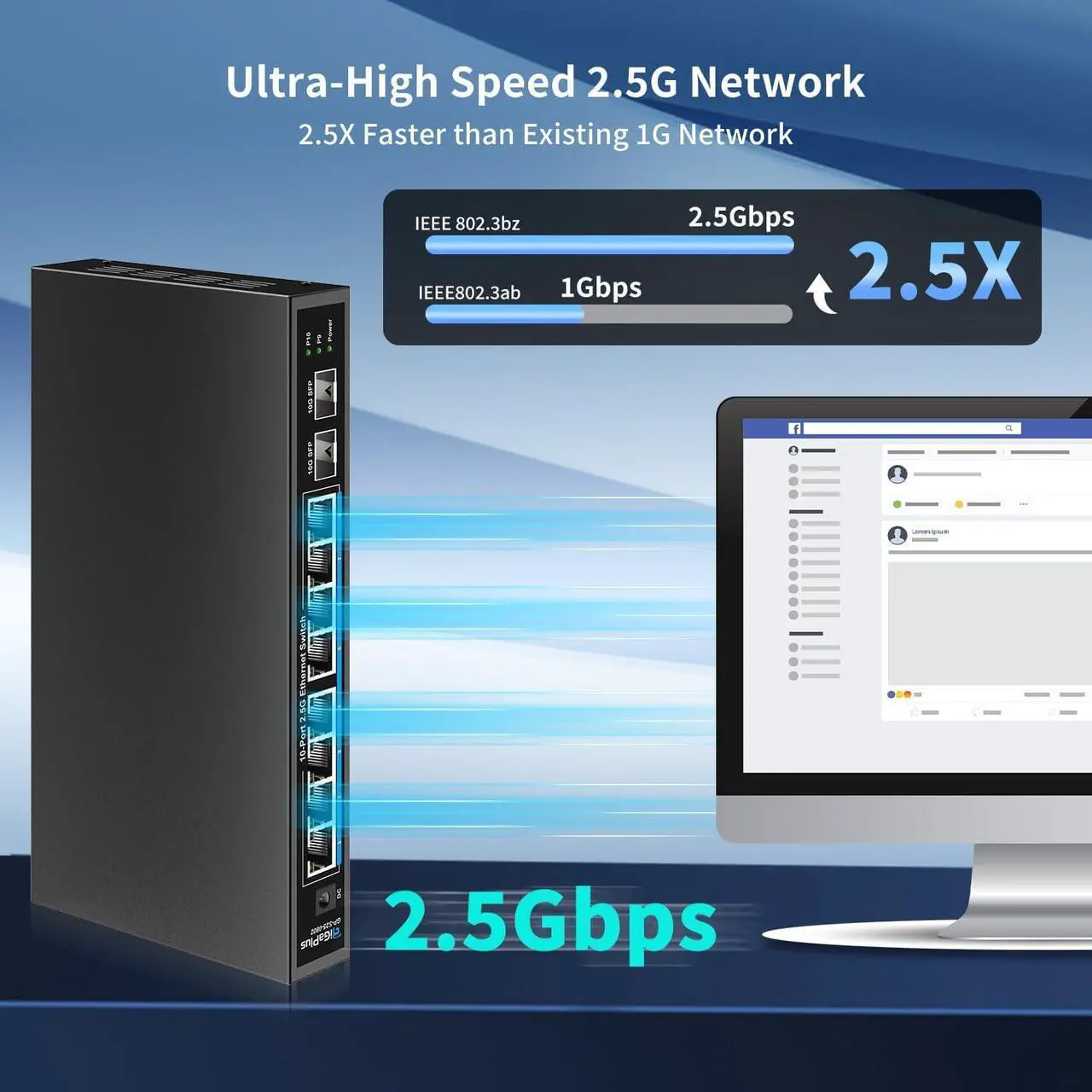 Alt view image 2 of 6 - 10 Port 2.5Gb Unmanaged Ethernet Switch with 8* 2.5G Base-T Ports, 2* 10G SFP+ Ports. GiGaPlus 2.5Gbps Network Switch for 2.5Gbps NAS/PC, WiFi6 Router, Wireless AP. Fanless Design, Plug and Play