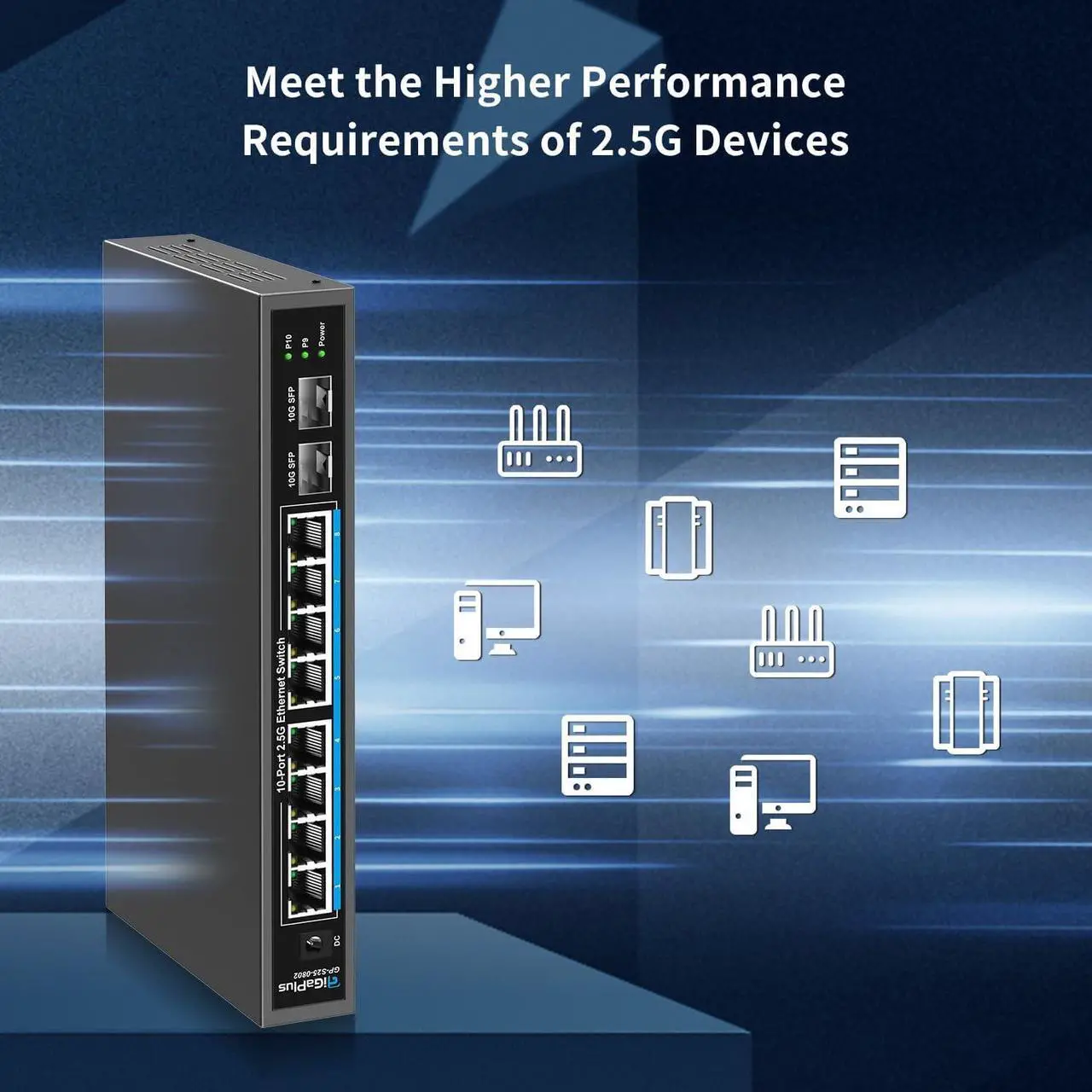 Alt view image 4 of 6 - 10 Port 2.5Gb Unmanaged Ethernet Switch with 8* 2.5G Base-T Ports, 2* 10G SFP+ Ports. GiGaPlus 2.5Gbps Network Switch for 2.5Gbps NAS/PC, WiFi6 Router, Wireless AP. Fanless Design, Plug and Play