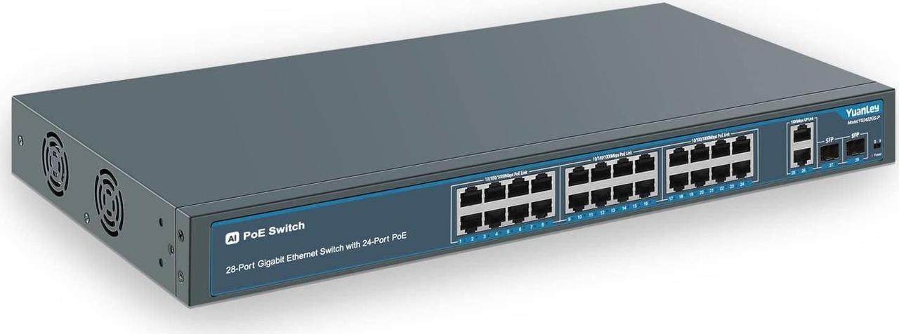 YuanLey 28 Port Gigabit PoE Switch with 24 Port PoE+@400W, 2 Gigabit Uplink Port, 2 SFP, Sturdy Metal for Desktop/Rack Mount, AI Watchdog, VLAN , Plug and Play, Unmanaged