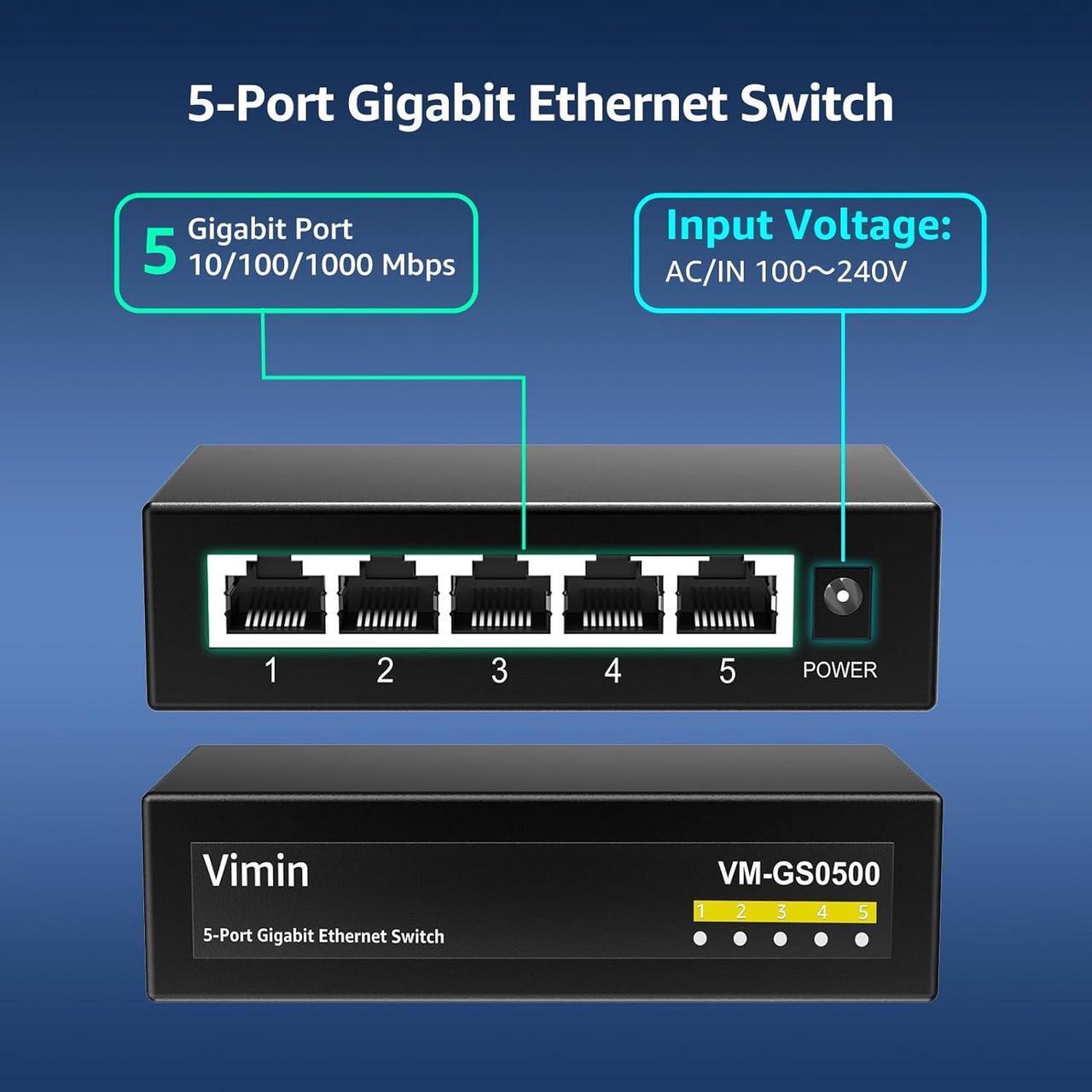 Alt view image 2 of 7 - 5-Port Gigabit Ethernet Switch, 5 Port 10/100/1000Mbps Network Ethernet Switch, 5-Port Ethernet Splitter Unmanaged, Metal Case, Mini Body, Fanless, Plug and Play, Wall-Mounted, VM-GS0500