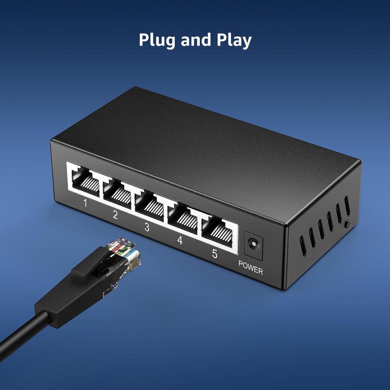Alt view image 5 of 7 - 5-Port Gigabit Ethernet Switch, 5 Port 10/100/1000Mbps Network Ethernet Switch, 5-Port Ethernet Splitter Unmanaged, Metal Case, Mini Body, Fanless, Plug and Play, Wall-Mounted, VM-GS0500