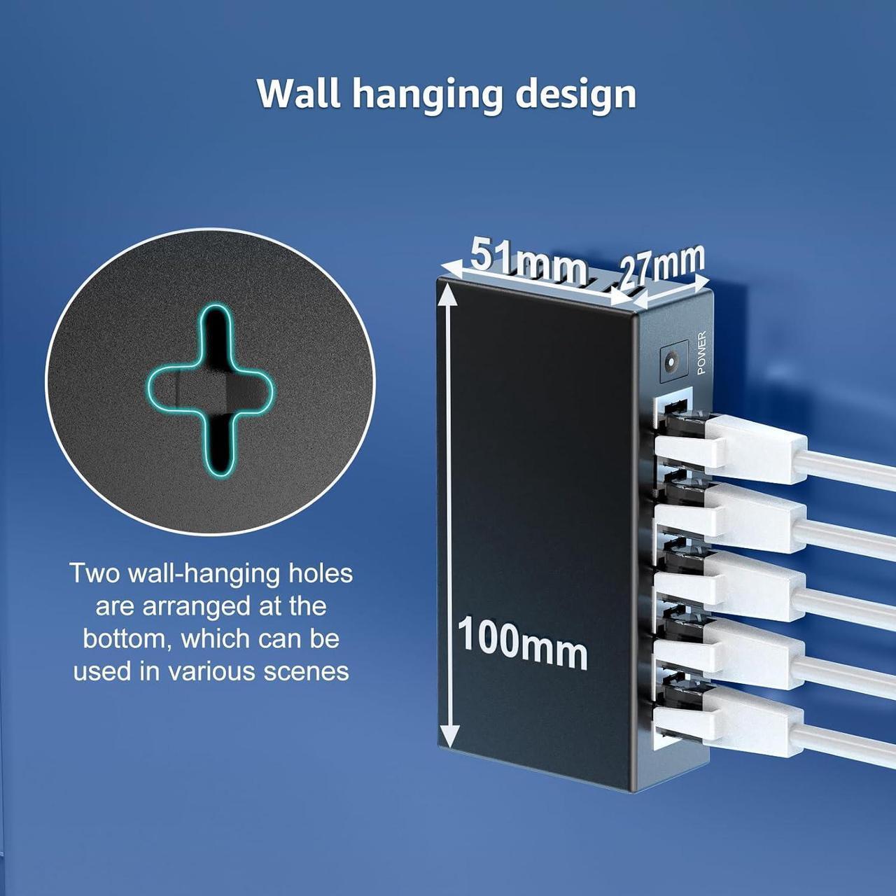Alt view image 7 of 7 - 5-Port Gigabit Ethernet Switch, 5 Port 10/100/1000Mbps Network Ethernet Switch, 5-Port Ethernet Splitter Unmanaged, Metal Case, Mini Body, Fanless, Plug and Play, Wall-Mounted, VM-GS0500