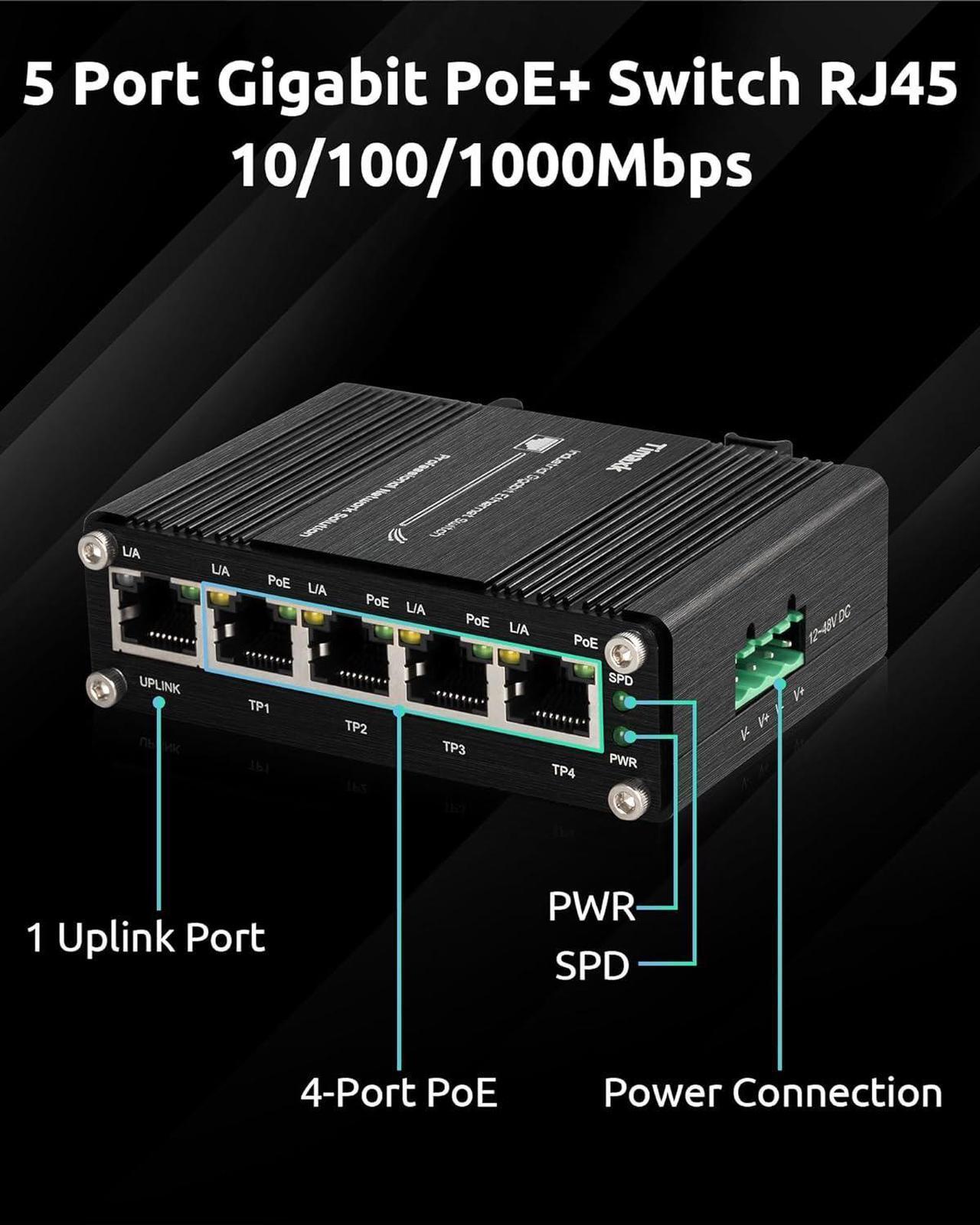 Alt view image 2 of 6 - Timaxk Industrial 5-Port Gigabit Ethernet Network Switch, PoE Optional, Network Hub, Ethernet Splitter, Traffic Optimization, Wall-Mount & DIN-Rail Installation (Power Supply Excluded)