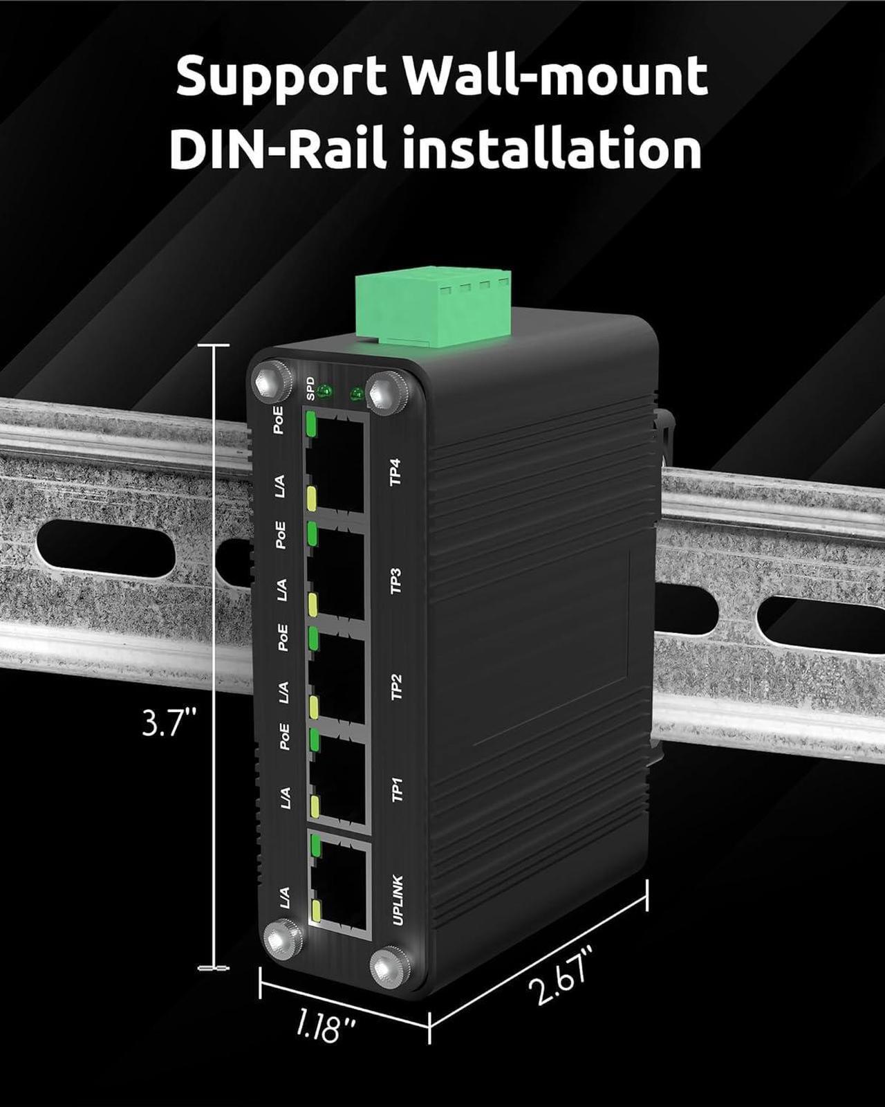 Alt view image 4 of 6 - Timaxk Industrial 5-Port Gigabit Ethernet Network Switch, PoE Optional, Network Hub, Ethernet Splitter, Traffic Optimization, Wall-Mount & DIN-Rail Installation (Power Supply Excluded)