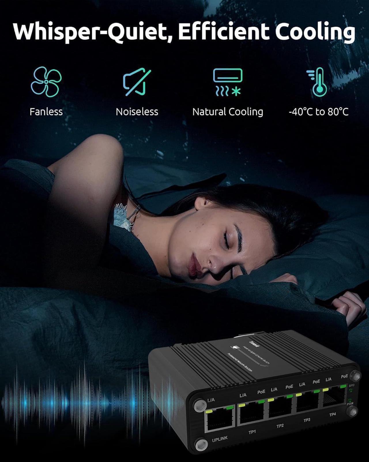 Alt view image 6 of 6 - Timaxk Industrial 5-Port Gigabit Ethernet Network Switch, PoE Optional, Network Hub, Ethernet Splitter, Traffic Optimization, Wall-Mount & DIN-Rail Installation (Power Supply Excluded)