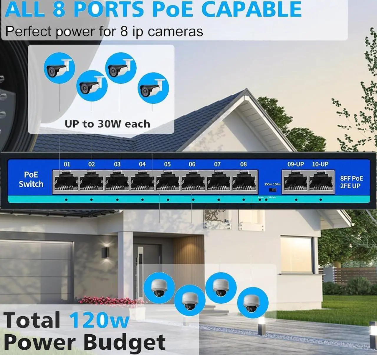Alt view image 2 of 6 - PoE Switch with 8 PoE Ports, 2 Uplink Ports, PoE Switch for IP Cameras, Smart Power Over Ethernet Switch, 120W Built-in Power, IEEE 802.3af/at, Unmanaged, Metal Housing, Fanless Design