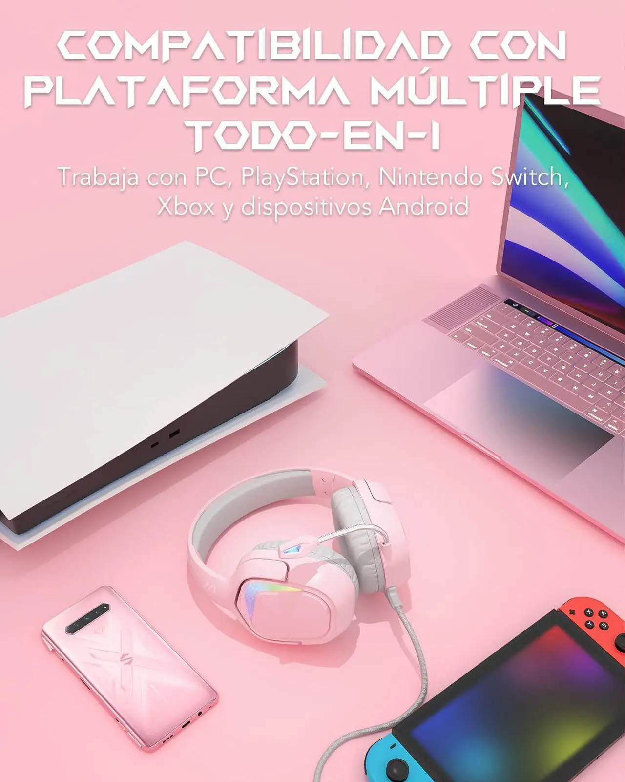 Alt view image 3 of 7 - Black Shark Gaming Headset for PC, PS4, PS5, Xbox, Switch, All-in-1 Gaming Headphones with Ultra-Clear Bendable Mic, 50mm Dynamic Drivers, Noise Isolation Ear Cushions, in-line Controls - Pink