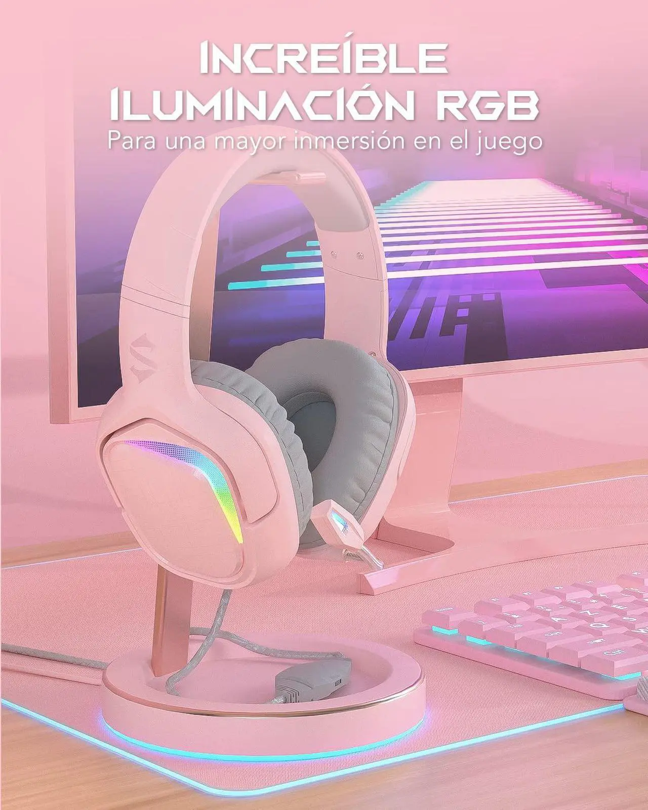 Alt view image 7 of 7 - Black Shark Gaming Headset for PC, PS4, PS5, Xbox, Switch, All-in-1 Gaming Headphones with Ultra-Clear Bendable Mic, 50mm Dynamic Drivers, Noise Isolation Ear Cushions, in-line Controls - Pink