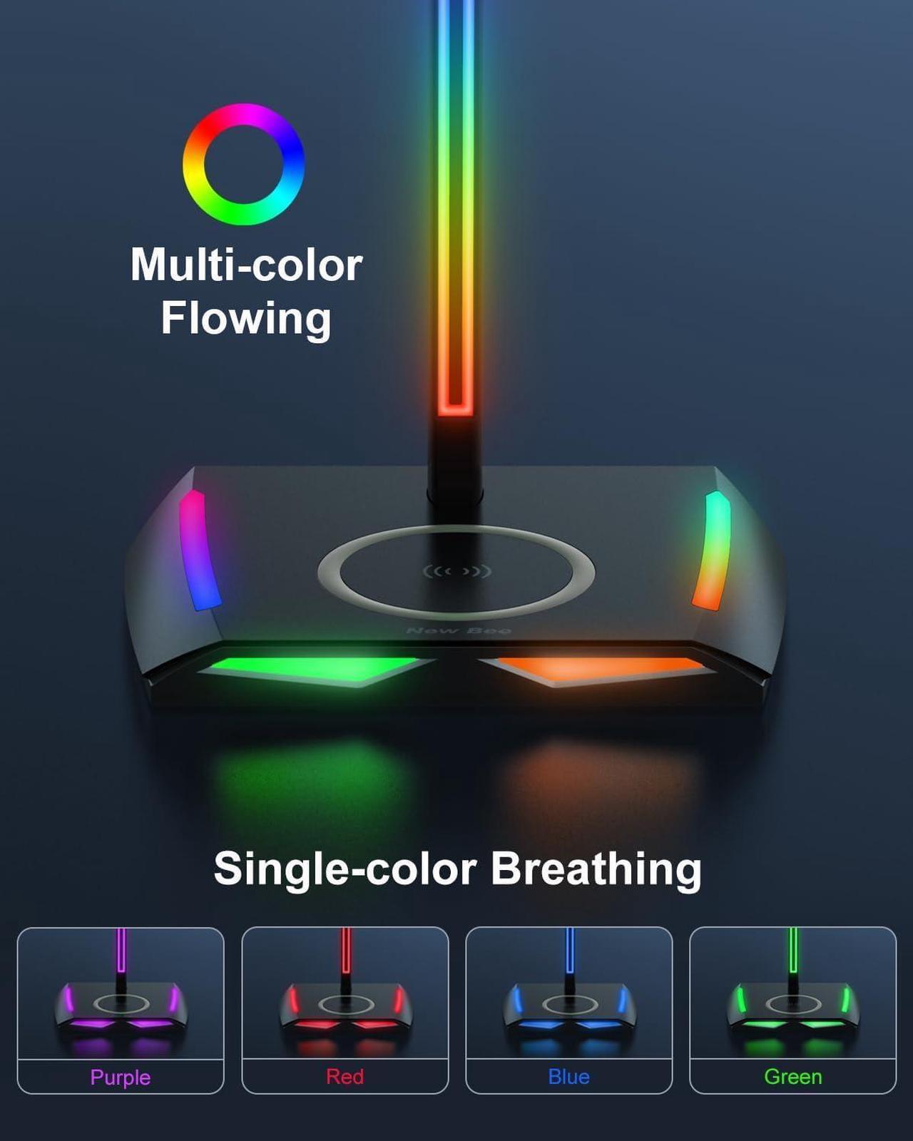 Alt view image 2 of 6 - New bee RGB Headphone Stand with Wireless Charging and 2 USB-C & 1 USB Charging Ports, Desk Gaming Headset Holder with 7 Light Modes and Non-Slip Rubber Base Suitable for All Earphone Accessories