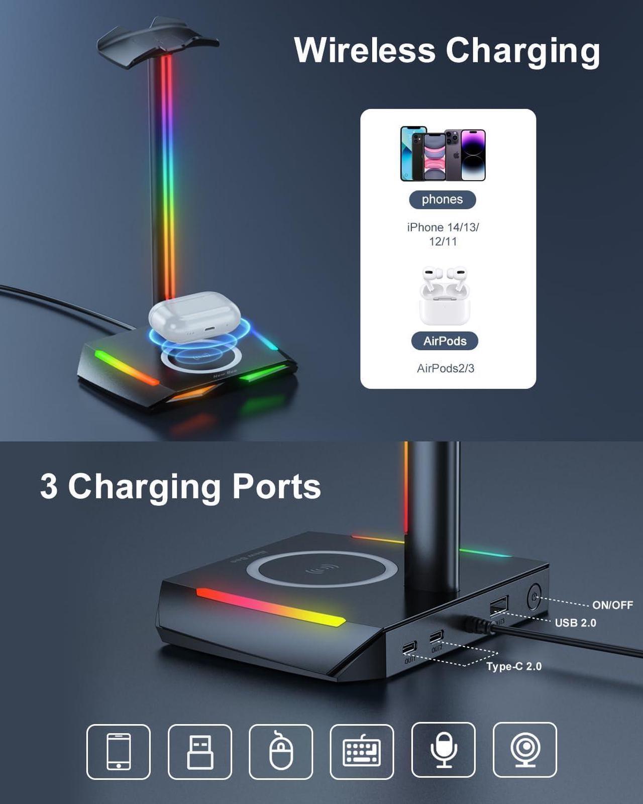 Alt view image 3 of 6 - New bee RGB Headphone Stand with Wireless Charging and 2 USB-C & 1 USB Charging Ports, Desk Gaming Headset Holder with 7 Light Modes and Non-Slip Rubber Base Suitable for All Earphone Accessories
