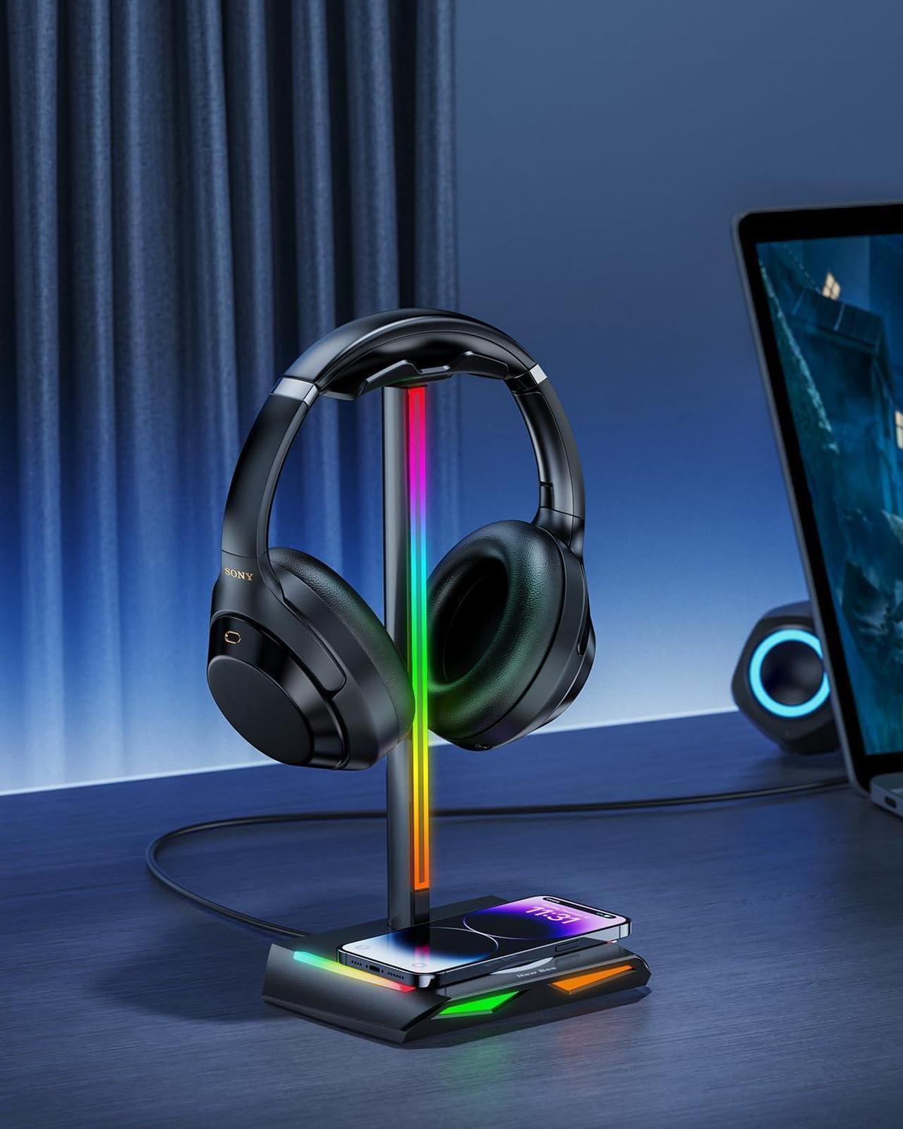 Alt view image 6 of 6 - New bee RGB Headphone Stand with Wireless Charging and 2 USB-C & 1 USB Charging Ports, Desk Gaming Headset Holder with 7 Light Modes and Non-Slip Rubber Base Suitable for All Earphone Accessories
