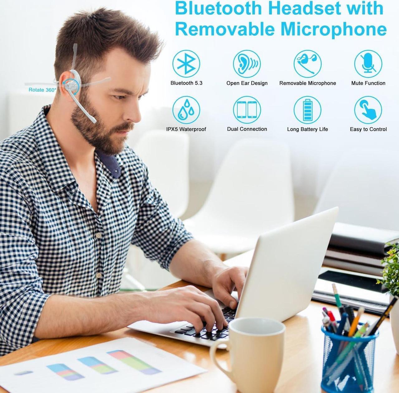 Alt view image 2 of 7 - iDIGMALL Bluetooth 5.3 Headset Wireless Eabuds w/Noise Canceling Removable Boom Microphone for Phone PC Laptop, Open Ear Headphone for Office Meeting Home Work Running, Ultra-Light & Comfort, 12H