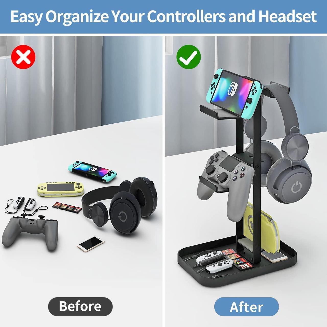 Alt view image 5 of 6 - MAYZOLOP Controller Stand 2 Tiers, Headphone Holder with Cable Organizer for Desk, Anti-Slip Stable Design Universal Storage Compatible with Gaming Accessories Headset Xbox PS5 PS4 Nintendo Switch