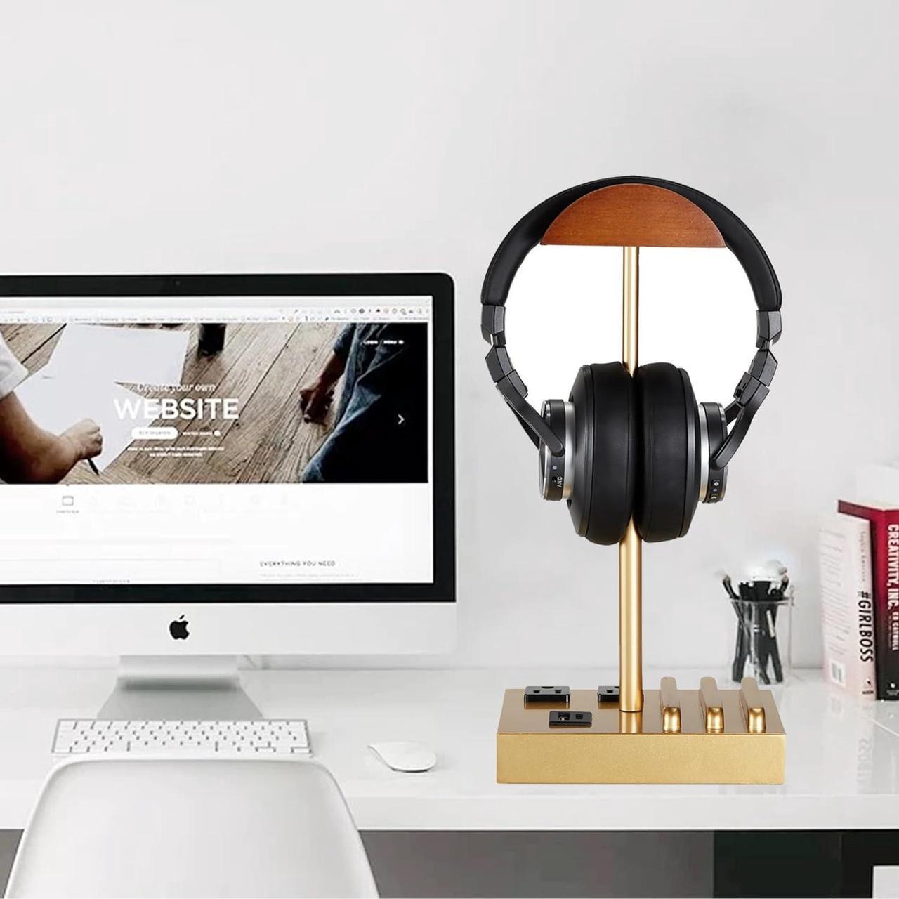 Alt view image 3 of 7 - CASTLELIFE Headphone Stand Desktop Gaming Headset Holder with 2 AC Outlets and USB C&A Ports, Charging Station&Phone Stands, Wood Earphone Table Game Accessories for Desktop Gamer, Gold