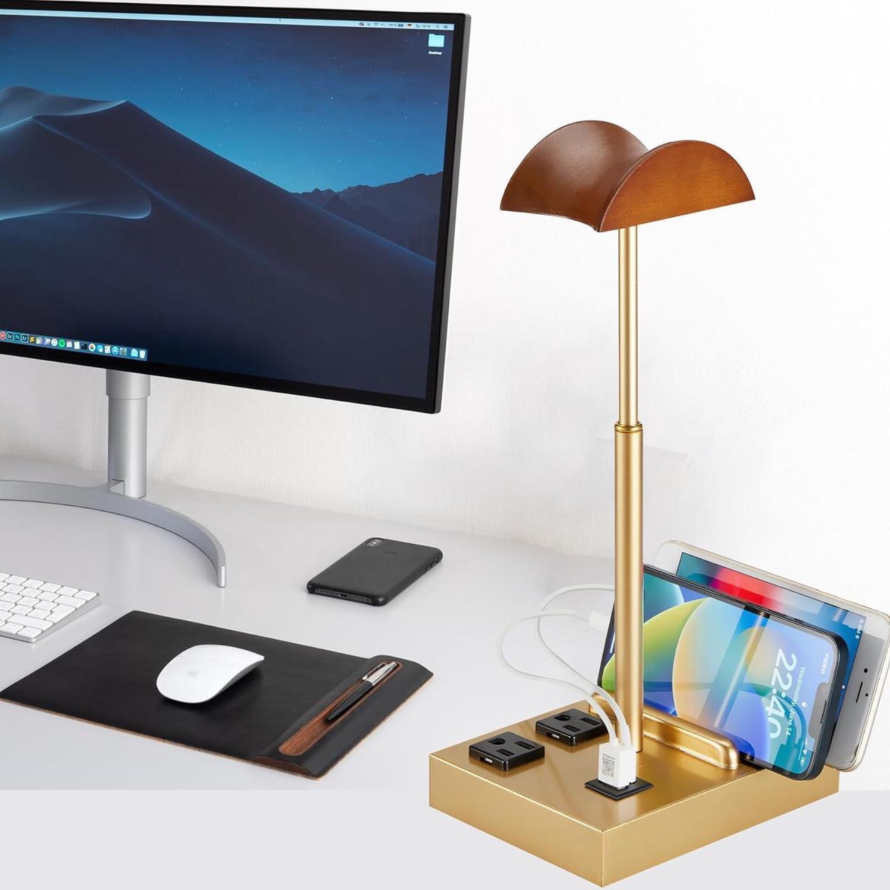 Alt view image 4 of 7 - CASTLELIFE Headphone Stand Desktop Gaming Headset Holder with 2 AC Outlets and USB C&A Ports, Charging Station&Phone Stands, Wood Earphone Table Game Accessories for Desktop Gamer, Gold