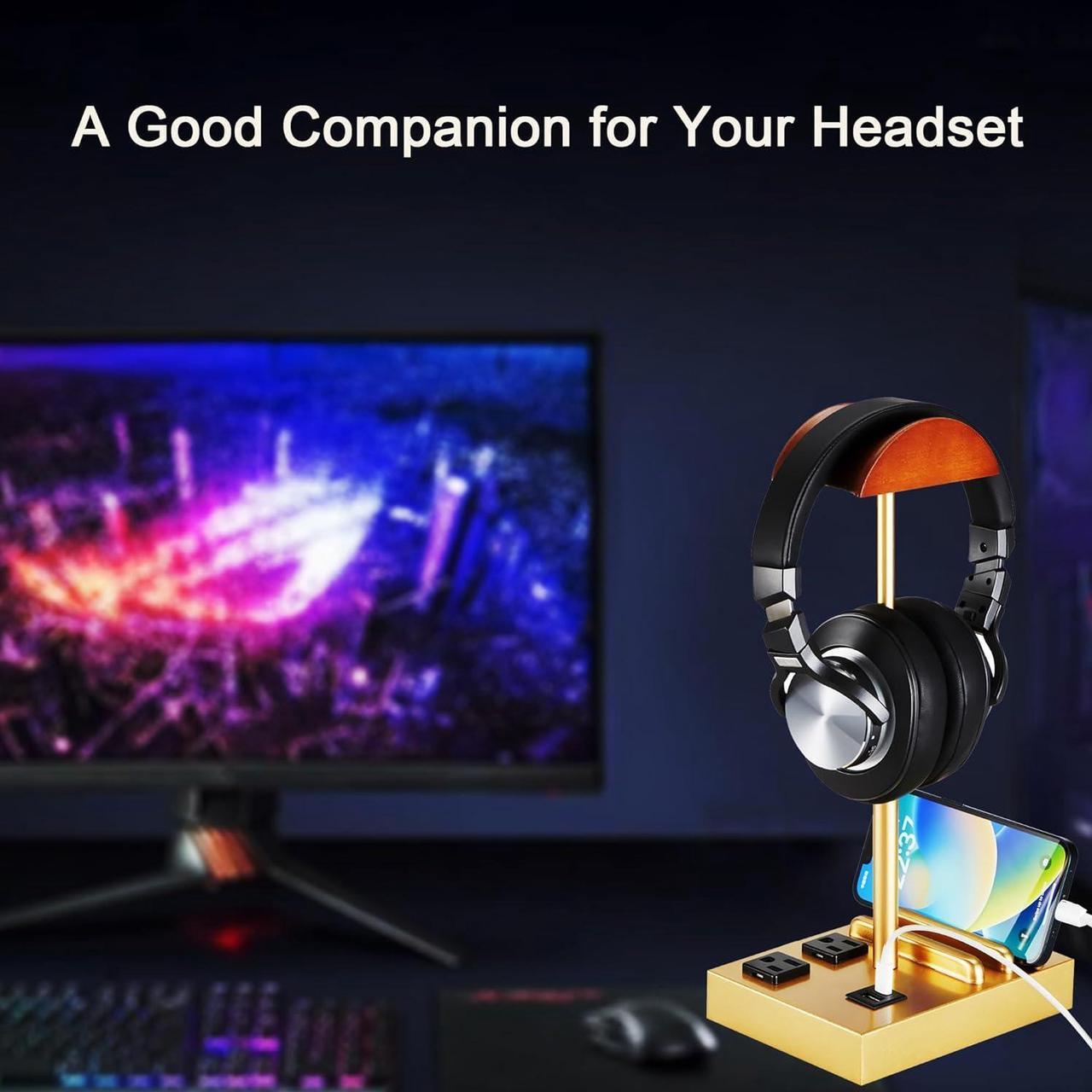 Alt view image 7 of 7 - CASTLELIFE Headphone Stand Desktop Gaming Headset Holder with 2 AC Outlets and USB C&A Ports, Charging Station&Phone Stands, Wood Earphone Table Game Accessories for Desktop Gamer, Gold