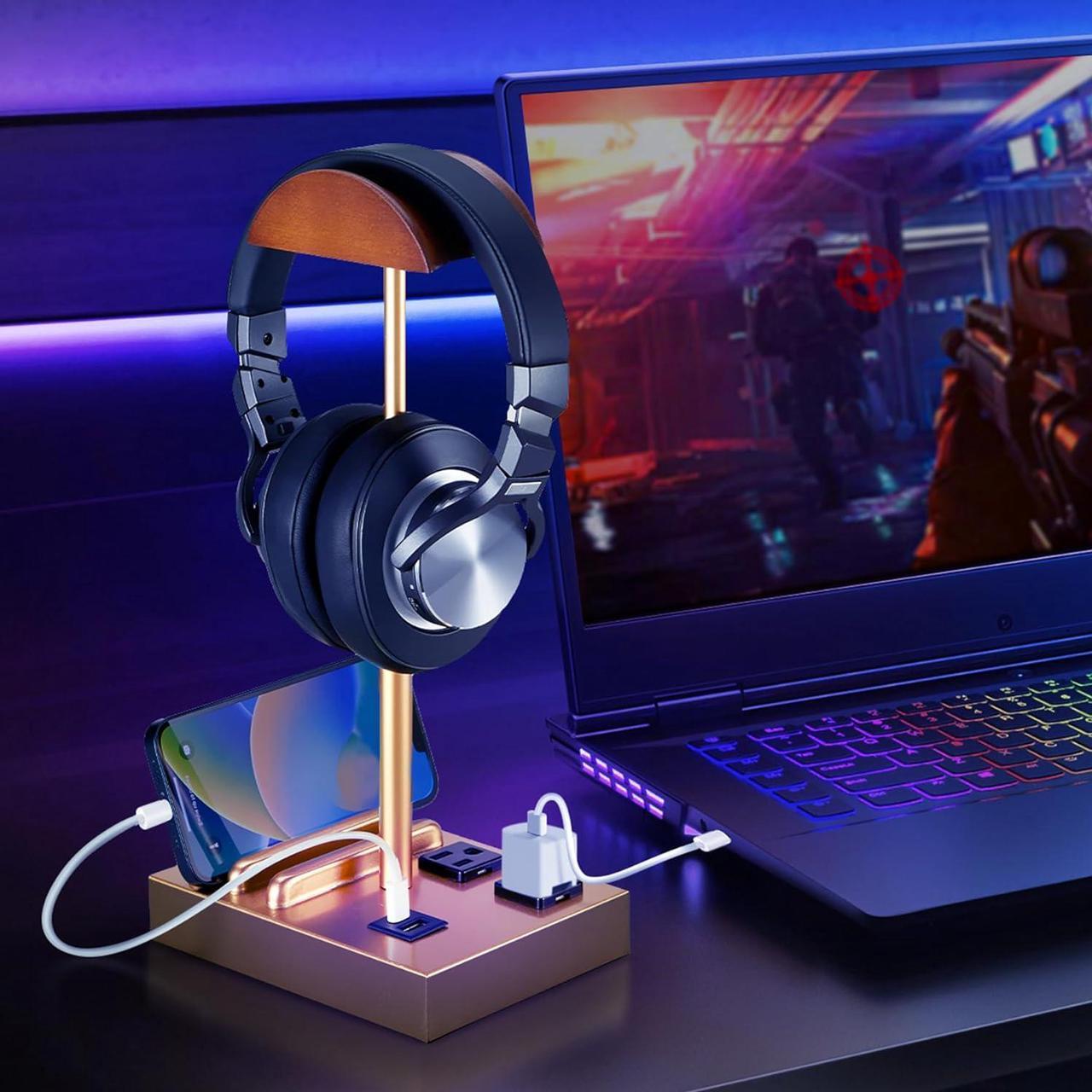 Alt view image 6 of 7 - CASTLELIFE Headphone Stand Desktop Gaming Headset Holder with 2 AC Outlets and USB C&A Ports, Charging Station&Phone Stands, Wood Earphone Table Game Accessories for Desktop Gamer, Gold