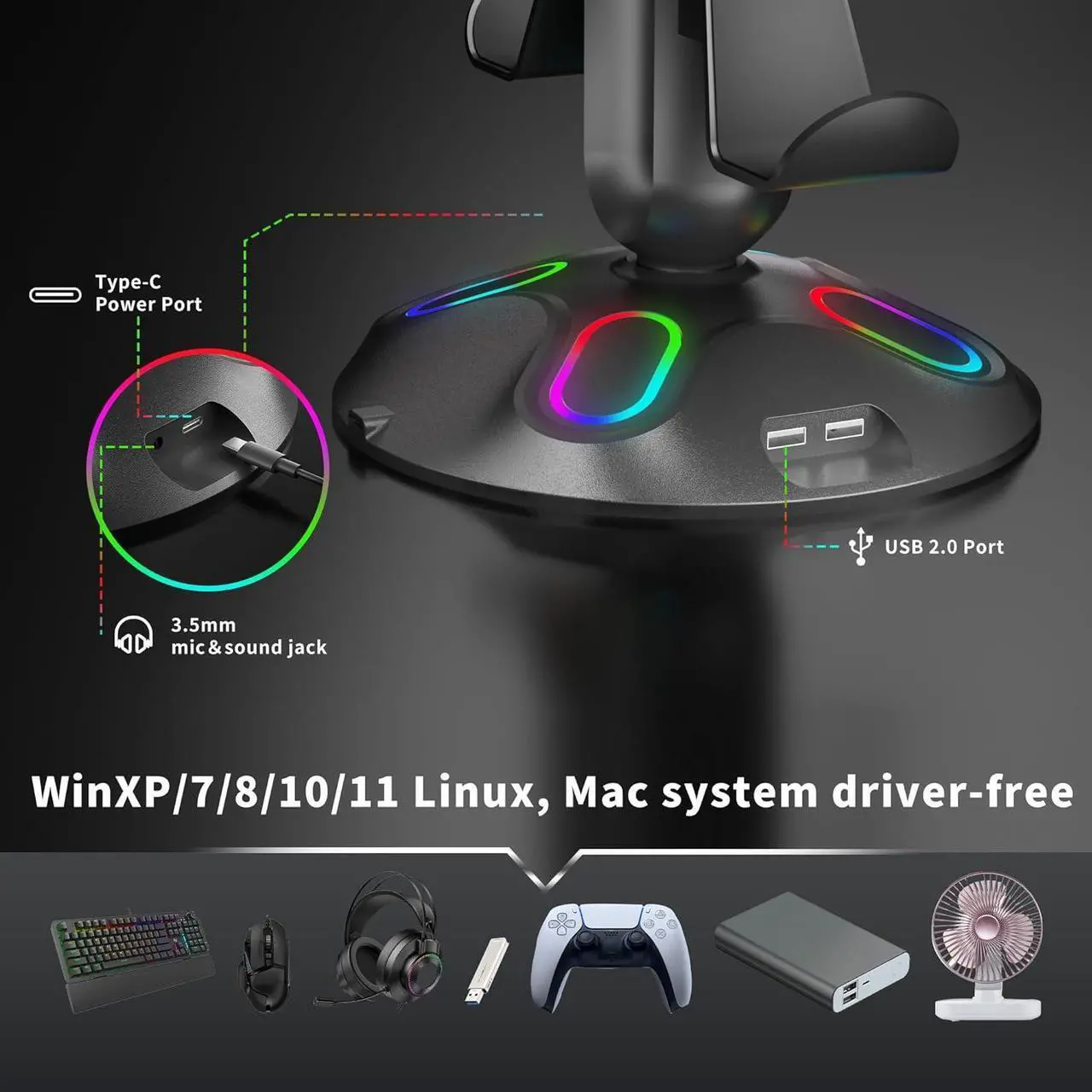 Alt view image 3 of 6 - Gaming RGB Headphone Stand,Canmarin Controller Holder with 9 Light Modes - Headset Stand with 2 USB Charging Ports and 3.5mm & Type-C - Controller Stand Hanger Accessories for Desk and Gamer(Black) A