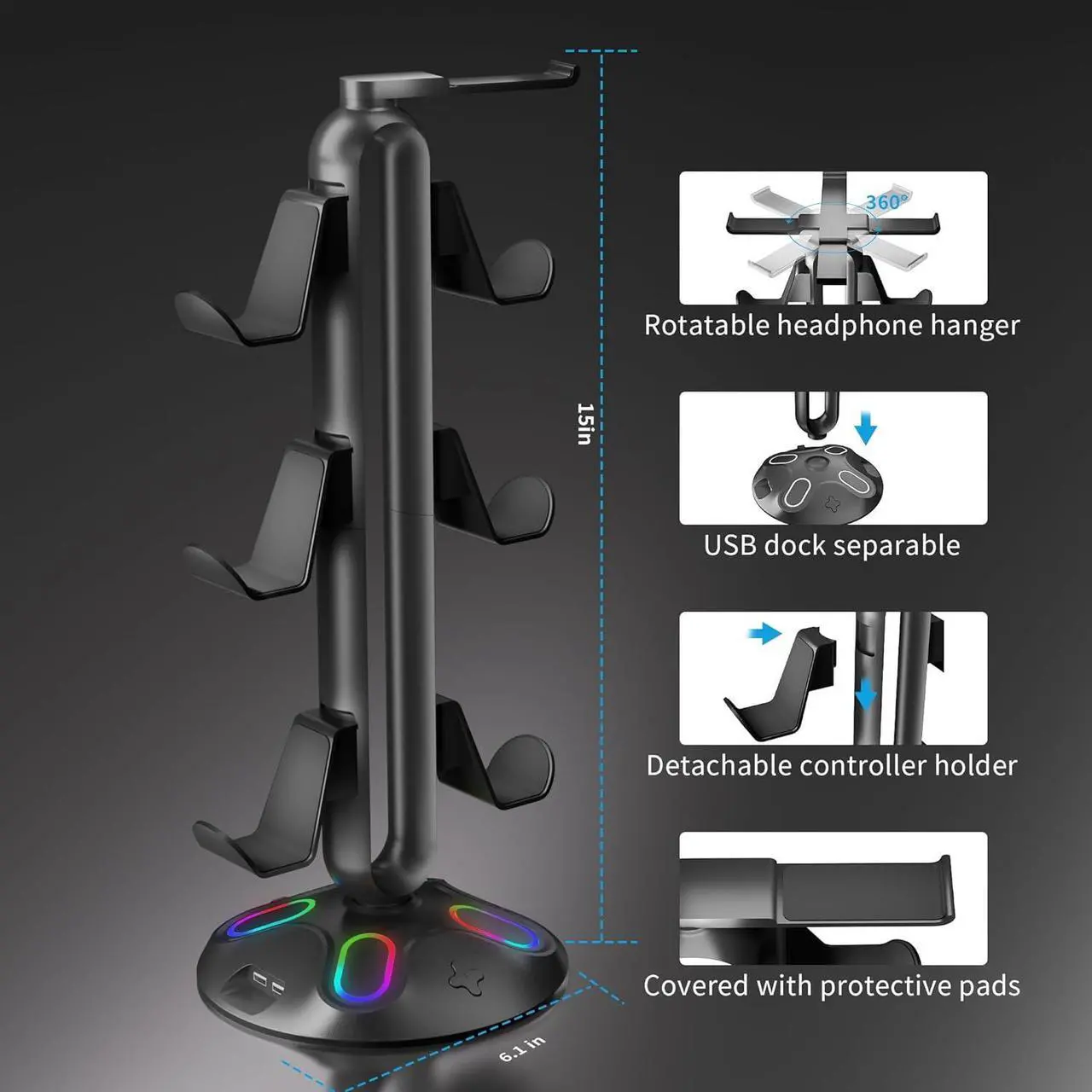 Alt view image 4 of 6 - Gaming RGB Headphone Stand,Canmarin Controller Holder with 9 Light Modes - Headset Stand with 2 USB Charging Ports and 3.5mm & Type-C - Controller Stand Hanger Accessories for Desk and Gamer(Black) A