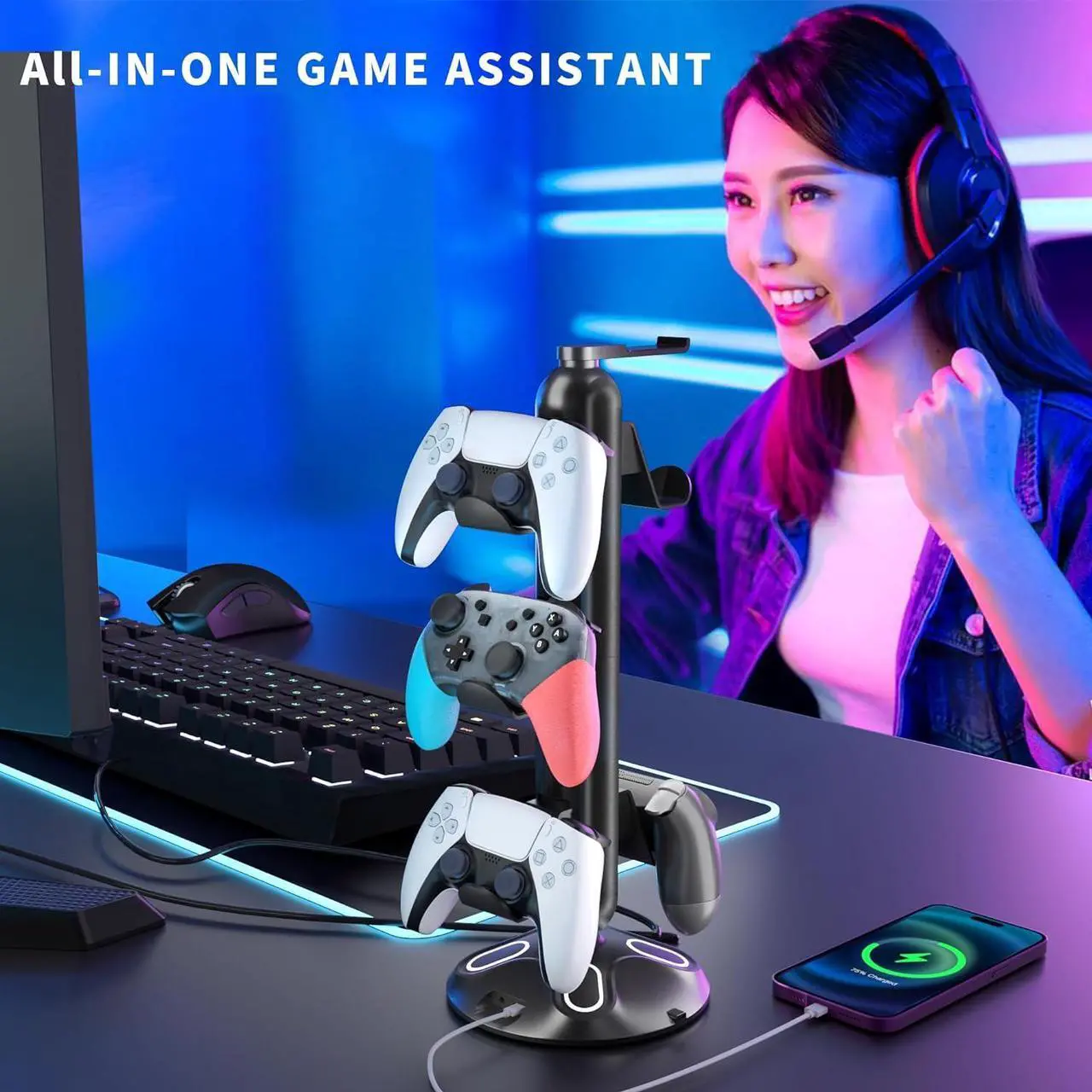 Alt view image 6 of 6 - Gaming RGB Headphone Stand,Canmarin Controller Holder with 9 Light Modes - Headset Stand with 2 USB Charging Ports and 3.5mm & Type-C - Controller Stand Hanger Accessories for Desk and Gamer(Black) A