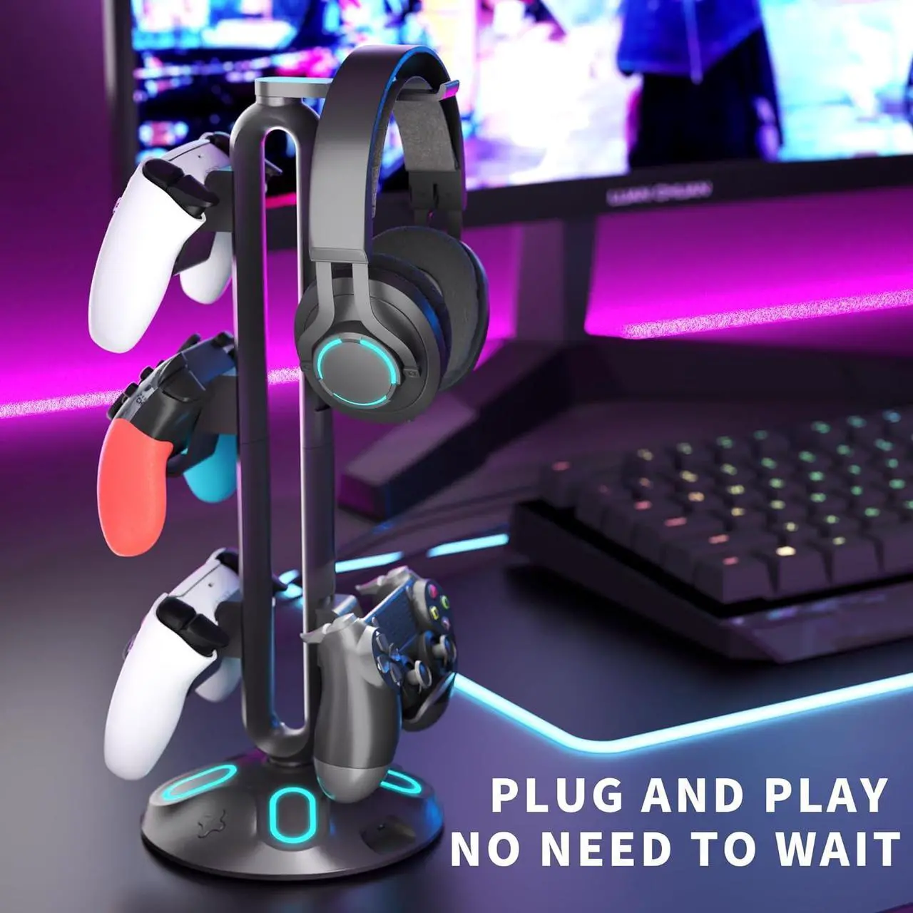Alt view image 5 of 6 - Gaming RGB Headphone Stand,Canmarin Controller Holder with 9 Light Modes - Headset Stand with 2 USB Charging Ports and 3.5mm & Type-C - Controller Stand Hanger Accessories for Desk and Gamer(Black) A