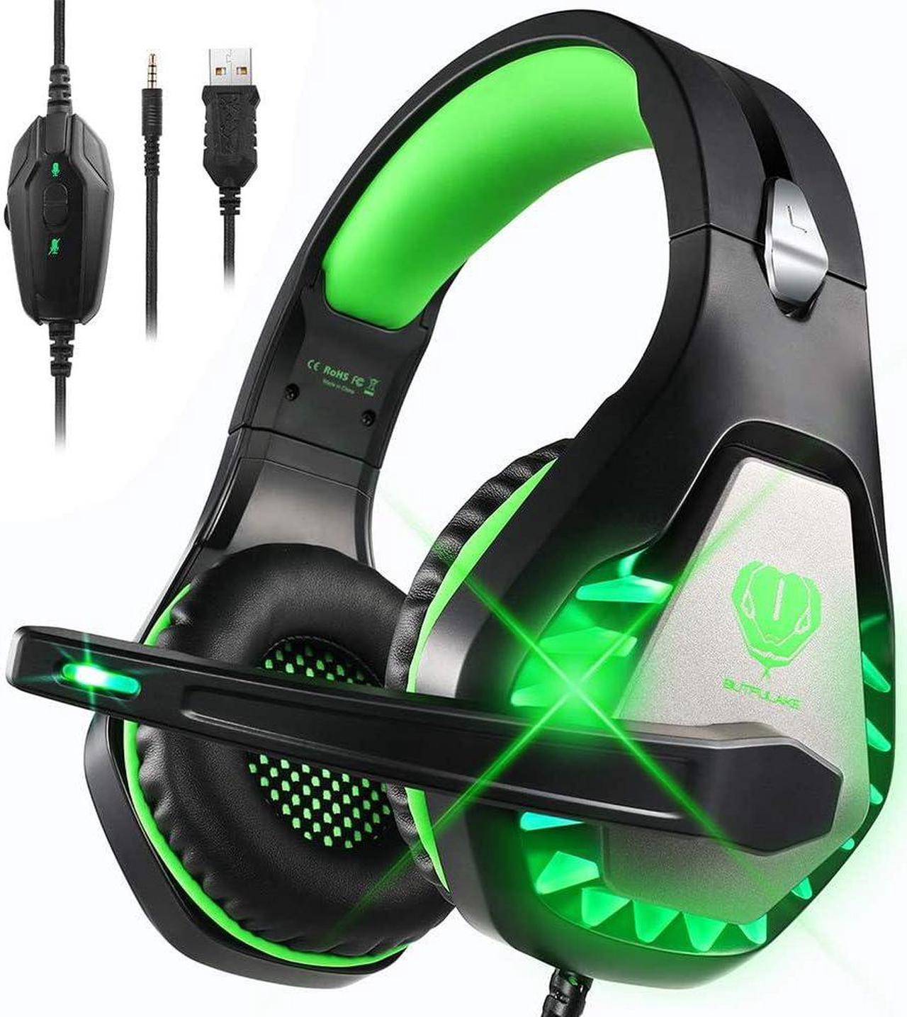 DIWUER Stereo Gaming Headset for Nintendo Switch, PS4, Xbox One with Noise Cancelling Mic, Soft Earmuffs Surround Sound Over Ear Headphones with LED Light for PC (Green)