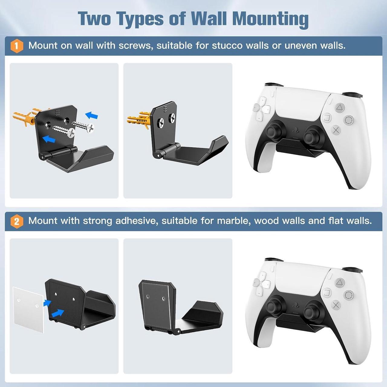 Alt view image 3 of 7 - KUNSLUCK 6 Pack Controller Wall Mount for PS5, Xbox, Switch Controller, Wall Mount Stand for Controller&Headset, Adhesive/Screws Installation (Black)