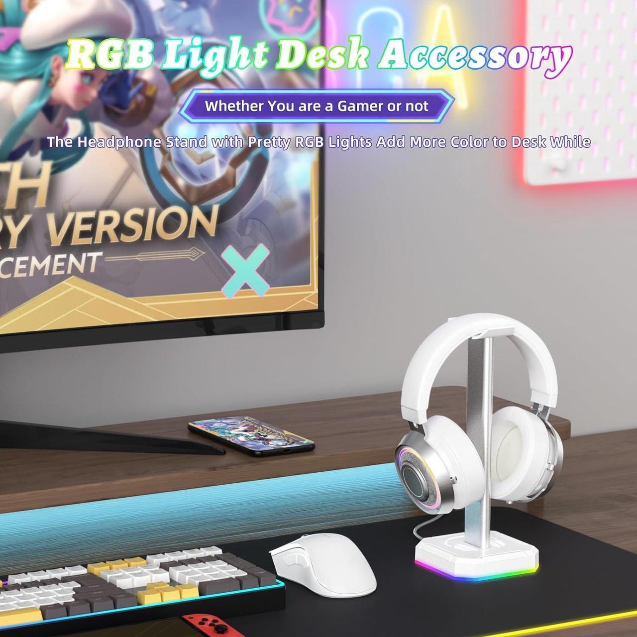 Alt view image 2 of 6 - White Headphone Stand,Desk RGB Lights Headset Holder,Suitable for All Over-Ear Headphone (White, Only RGB Light)