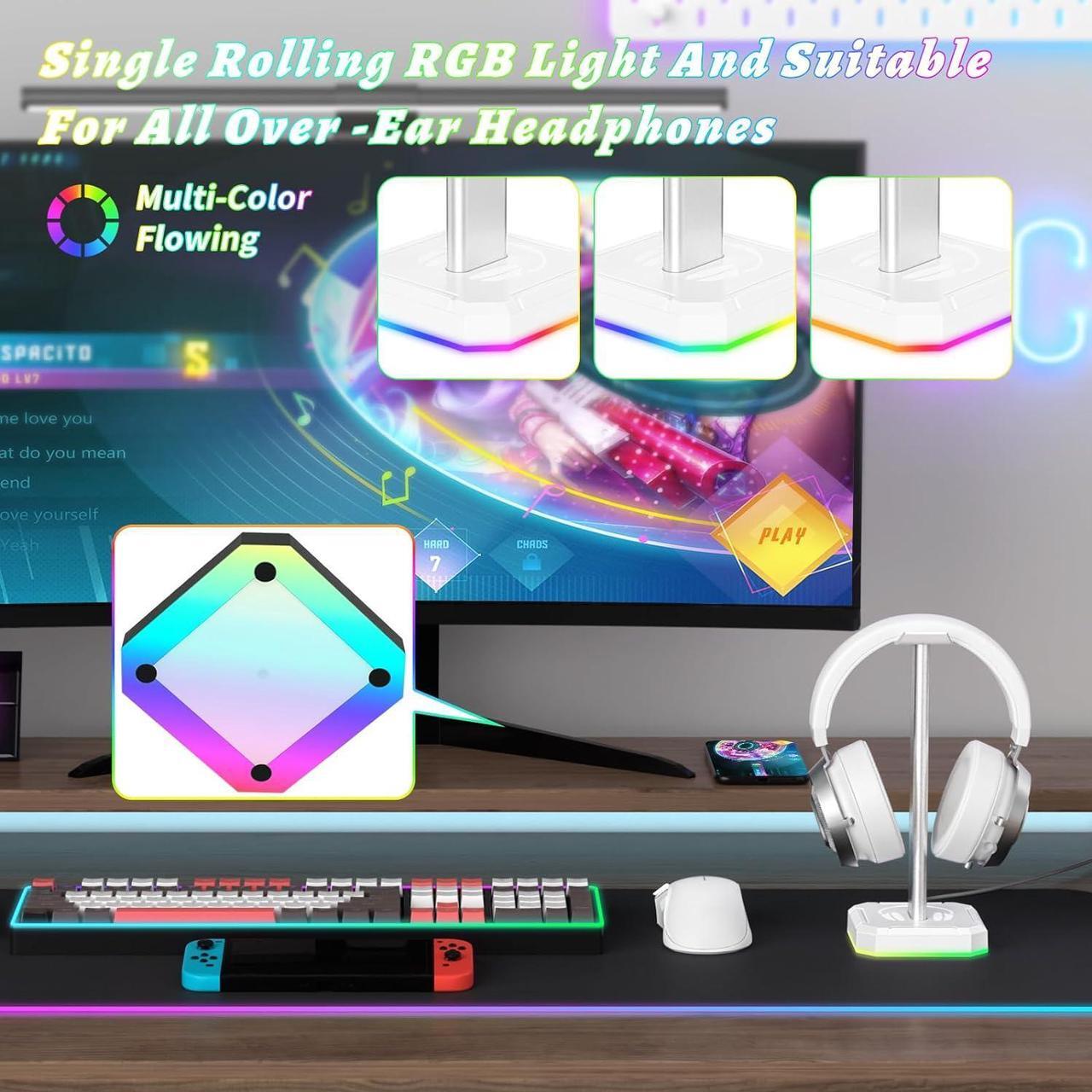 Alt view image 3 of 6 - White Headphone Stand,Desk RGB Lights Headset Holder,Suitable for All Over-Ear Headphone (White, Only RGB Light)