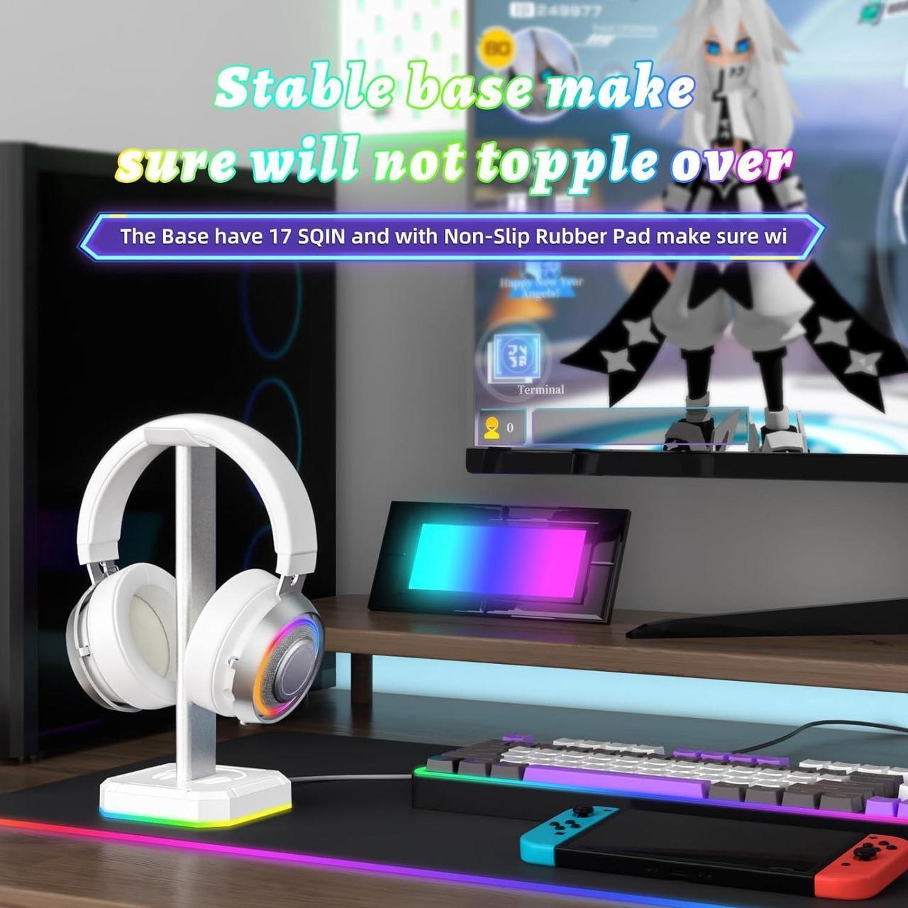 Alt view image 4 of 6 - White Headphone Stand,Desk RGB Lights Headset Holder,Suitable for All Over-Ear Headphone (White, Only RGB Light)