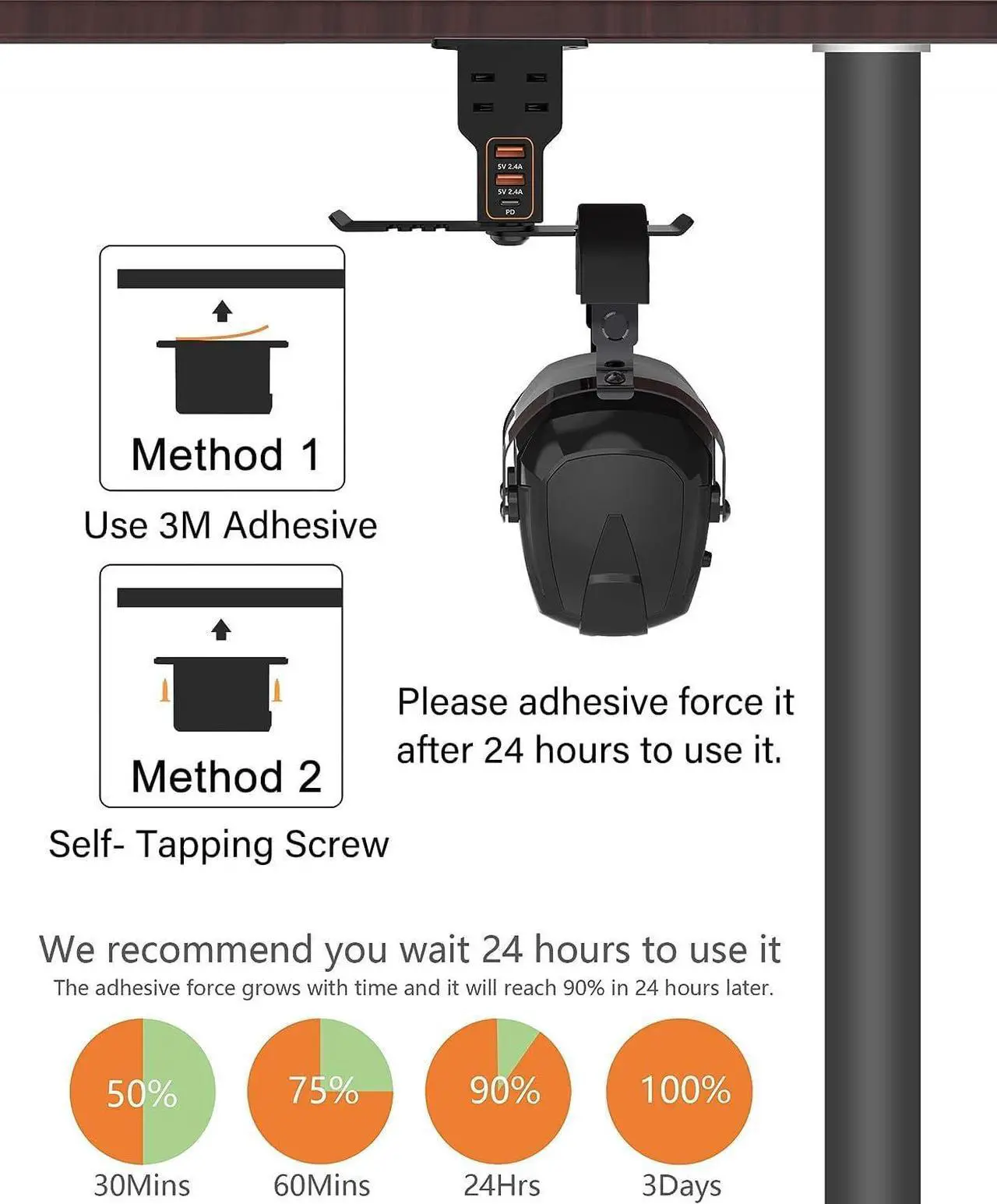 Alt view image 5 of 7 - Headset Holder for Desk, Dual Headphone Stand, PC Gaming Headphones Hanger Hook Under Desk with (QC3.0) 3 USB Charging Station & 2 AC Outlet(800W) for All Earphone Accessories Gamer Gift