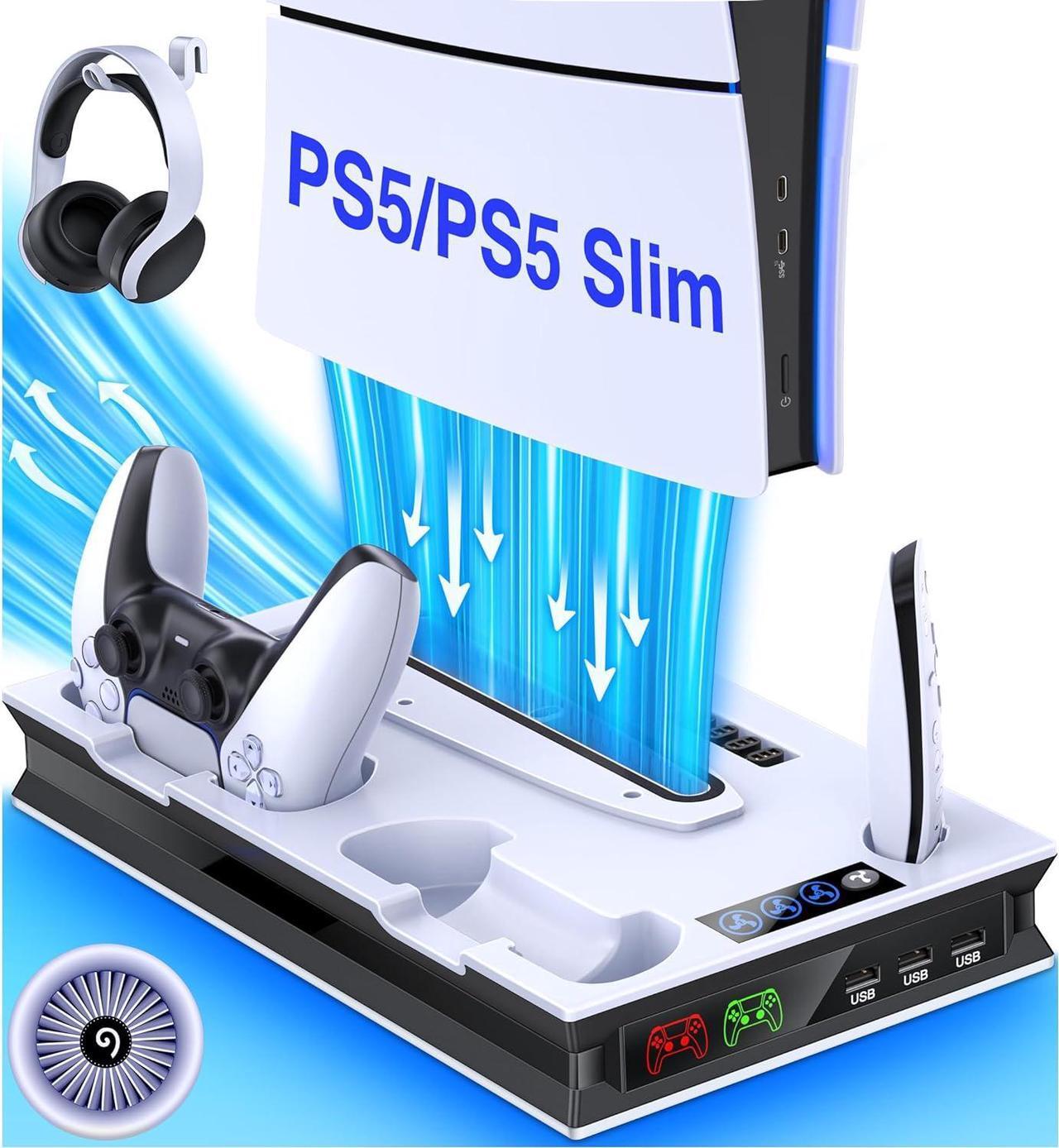 Main image of PS5 Stand and Cooling Station with Controller Charging Station for Playsation 5 Slim/PS5, PS5 Accessories Incl. 3 Levels Cooling Fan, 3 USB Hub, Headset Holder, Media Slot for PS5 Disc/Digital Console