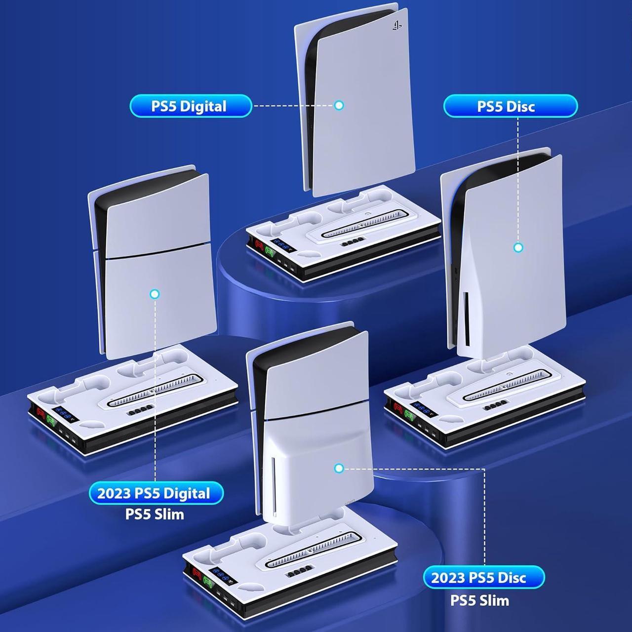 Alt view image 4 of 7 - PS5 Stand and Cooling Station with Controller Charging Station for Playsation 5 Slim/PS5, PS5 Accessories Incl. 3 Levels Cooling Fan, 3 USB Hub, Headset Holder, Media Slot for PS5 Disc/Digital Console
