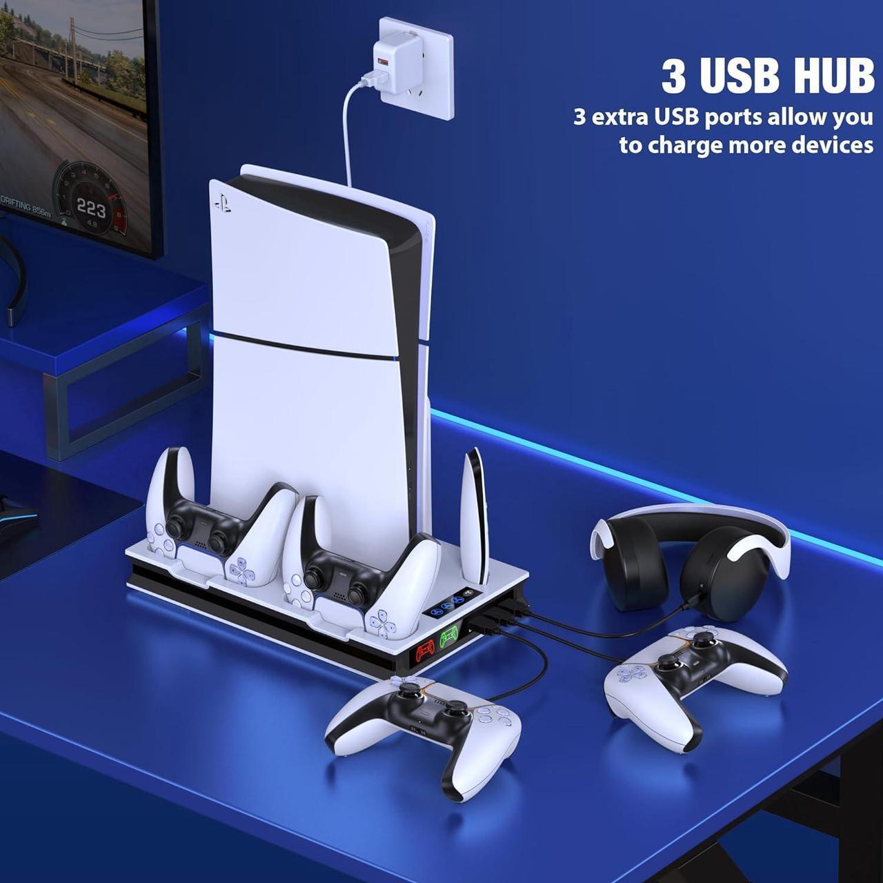 Alt view image 5 of 7 - PS5 Stand and Cooling Station with Controller Charging Station for Playsation 5 Slim/PS5, PS5 Accessories Incl. 3 Levels Cooling Fan, 3 USB Hub, Headset Holder, Media Slot for PS5 Disc/Digital Console