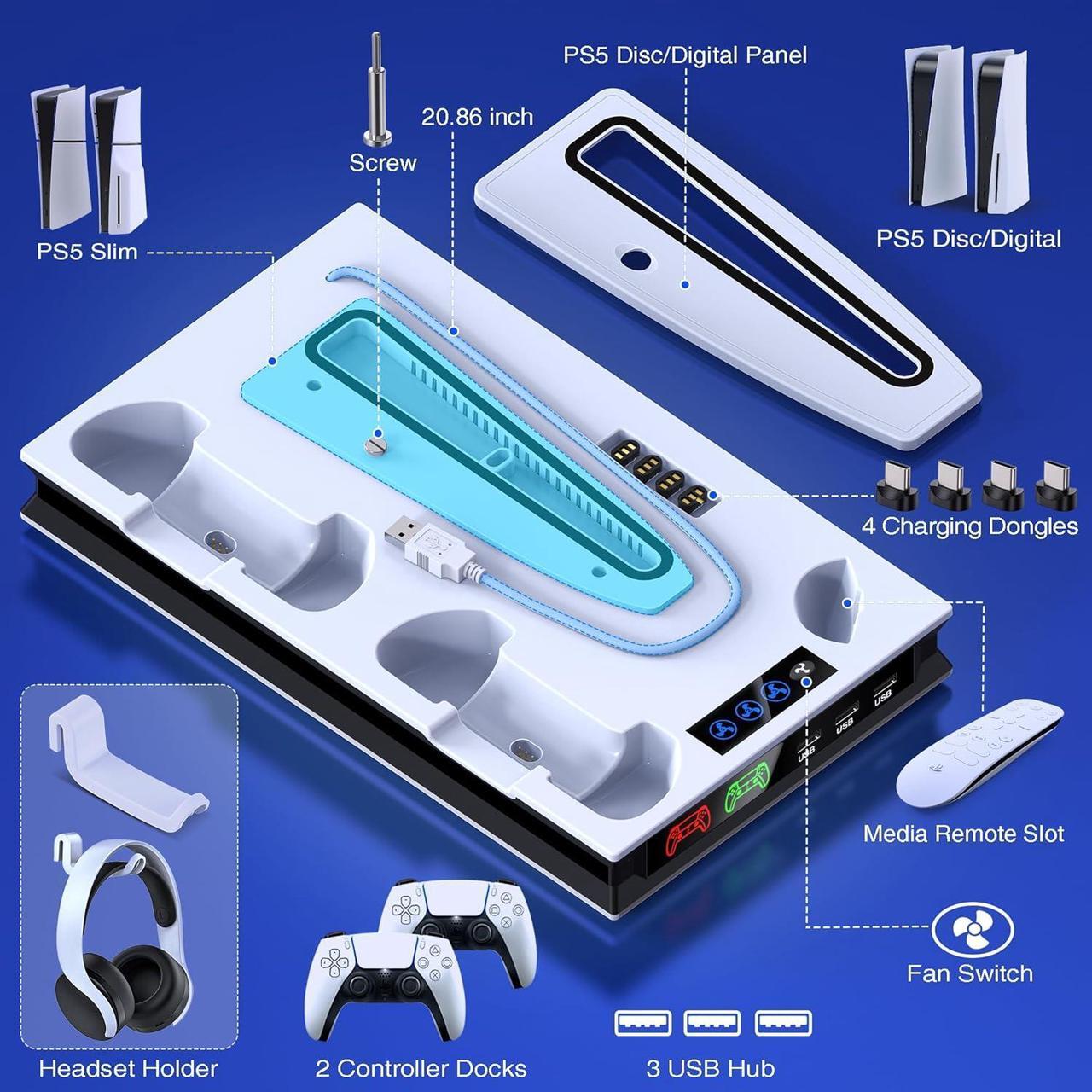 Alt view image 6 of 7 - PS5 Stand and Cooling Station with Controller Charging Station for Playsation 5 Slim/PS5, PS5 Accessories Incl. 3 Levels Cooling Fan, 3 USB Hub, Headset Holder, Media Slot for PS5 Disc/Digital Console