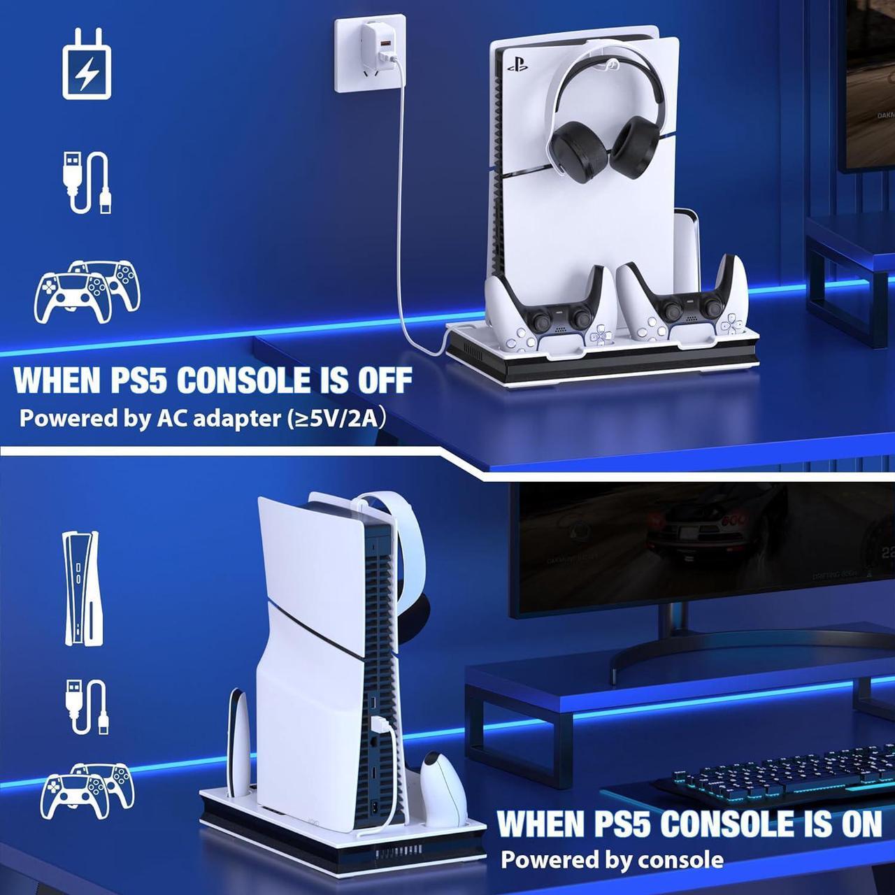 Alt view image 7 of 7 - PS5 Stand and Cooling Station with Controller Charging Station for Playsation 5 Slim/PS5, PS5 Accessories Incl. 3 Levels Cooling Fan, 3 USB Hub, Headset Holder, Media Slot for PS5 Disc/Digital Console