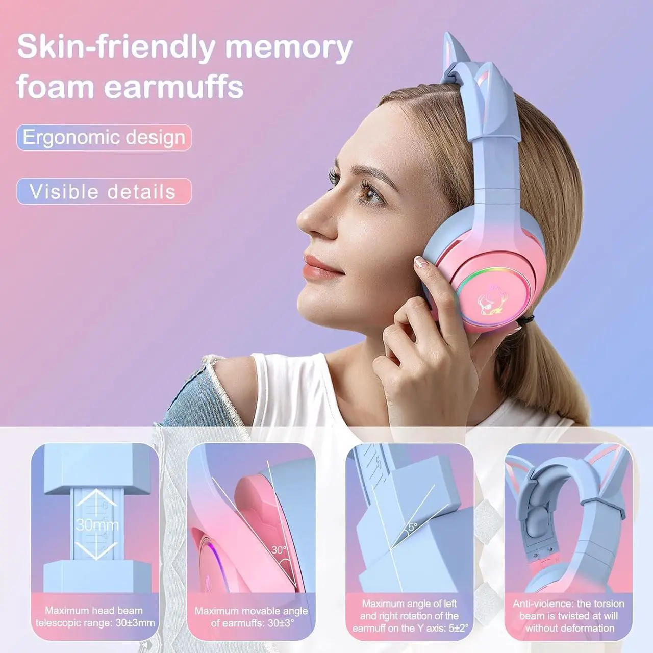 Alt view image 2 of 6 - PHNIXGAM Gaming Headset for PS4, PS5, Xbox One(No Adapter), Cat Ear Headphones with Noise Cancelling Microphone, RGB Backlight, Surround Sound for PC, Mobile Phone, Gradient Pink Blue
