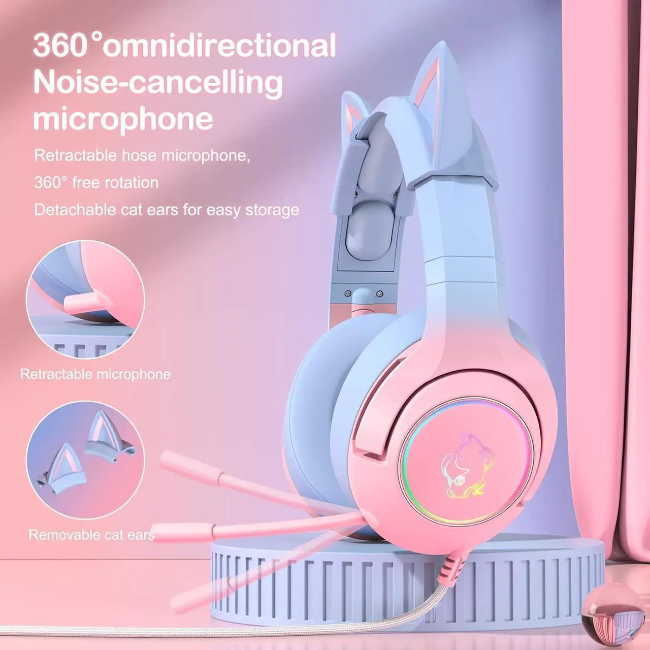 Alt view image 3 of 6 - PHNIXGAM Gaming Headset for PS4, PS5, Xbox One(No Adapter), Cat Ear Headphones with Noise Cancelling Microphone, RGB Backlight, Surround Sound for PC, Mobile Phone, Gradient Pink Blue