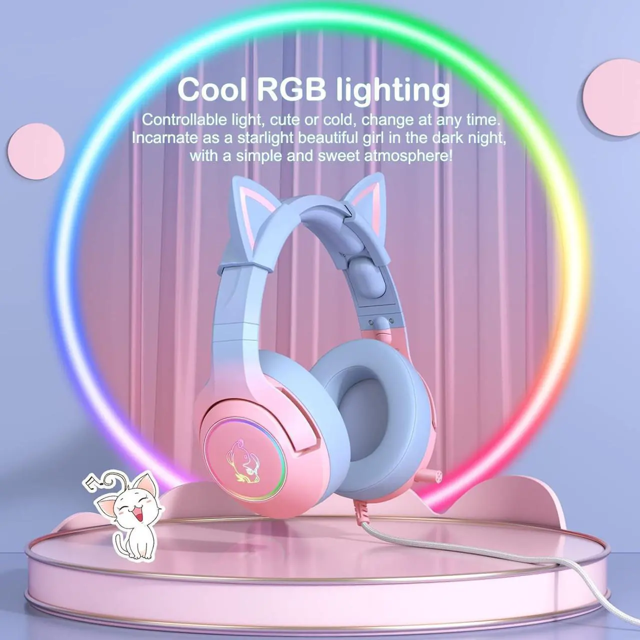 Alt view image 4 of 6 - PHNIXGAM Gaming Headset for PS4, PS5, Xbox One(No Adapter), Cat Ear Headphones with Noise Cancelling Microphone, RGB Backlight, Surround Sound for PC, Mobile Phone, Gradient Pink Blue
