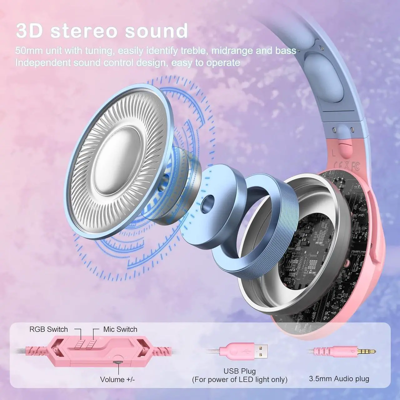 Alt view image 6 of 6 - PHNIXGAM Gaming Headset for PS4, PS5, Xbox One(No Adapter), Cat Ear Headphones with Noise Cancelling Microphone, RGB Backlight, Surround Sound for PC, Mobile Phone, Gradient Pink Blue