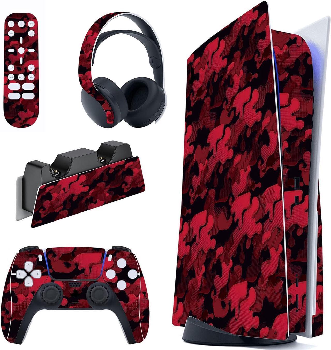 Main image of PlayVital Black Red Camouflage Full Set Skin Decal for PS5 Console Disc Edition, Sticker Vinyl Decal Cover for PS5 Controller & Charging Station & Headset & Media Remote