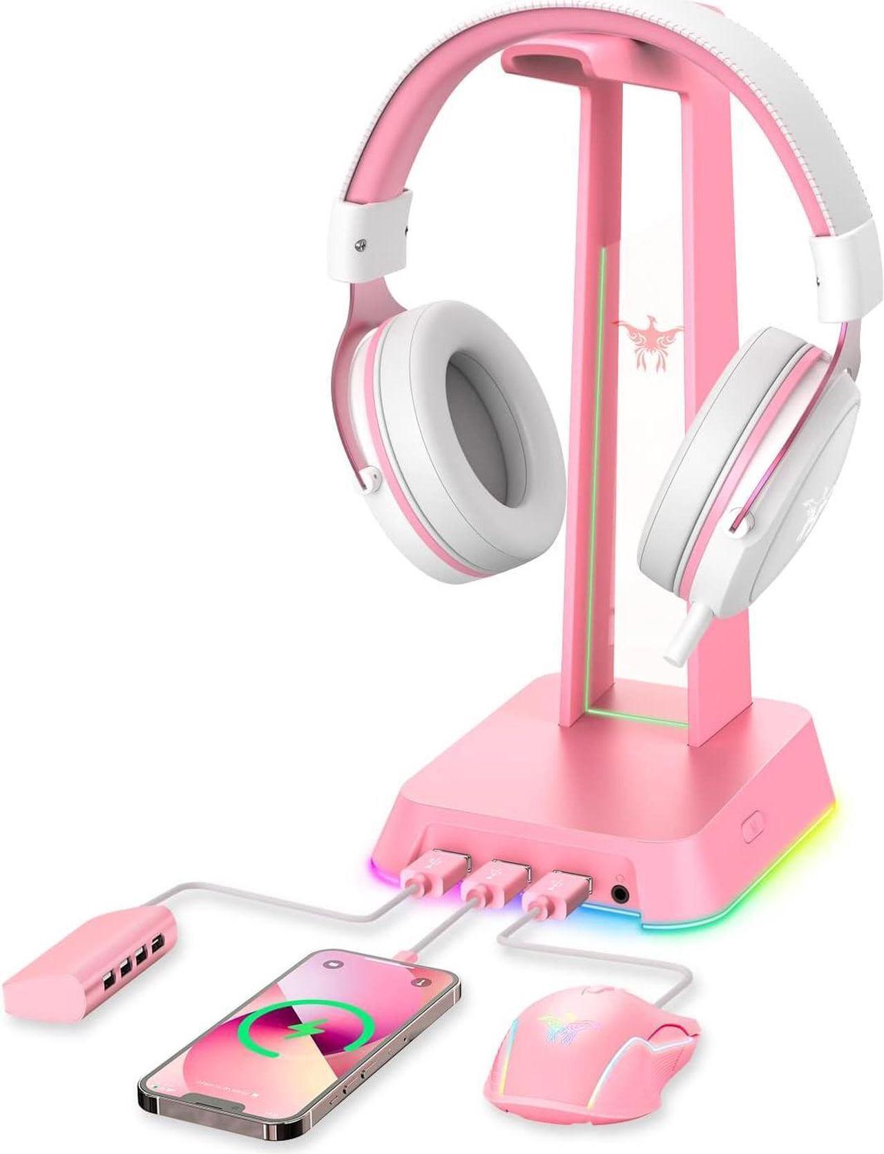 Main image of RGB Headphone Stand with 3.5mm AUX and 3 Port USB 2.0 Hub, Universal Gaming Headset Hanger Holder for Computer Gaming Gamer Accessories (Pink)