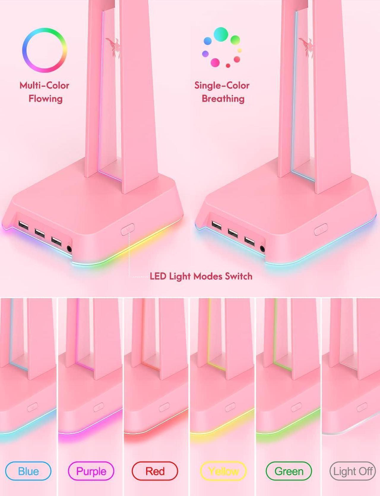 Alt view image 2 of 6 - RGB Headphone Stand with 3.5mm AUX and 3 Port USB 2.0 Hub, Universal Gaming Headset Hanger Holder for Computer Gaming Gamer Accessories (Pink)