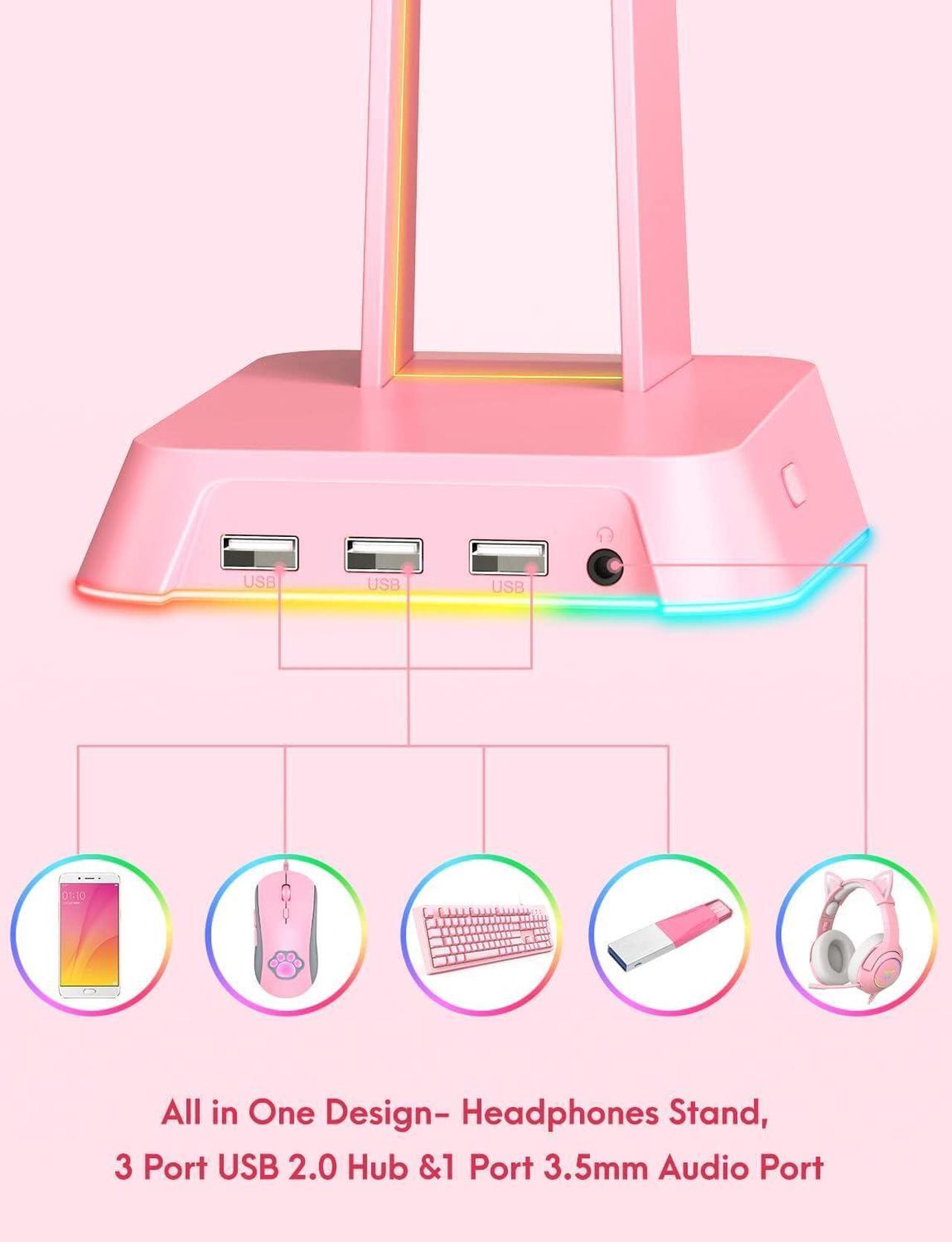 Alt view image 3 of 6 - RGB Headphone Stand with 3.5mm AUX and 3 Port USB 2.0 Hub, Universal Gaming Headset Hanger Holder for Computer Gaming Gamer Accessories (Pink)