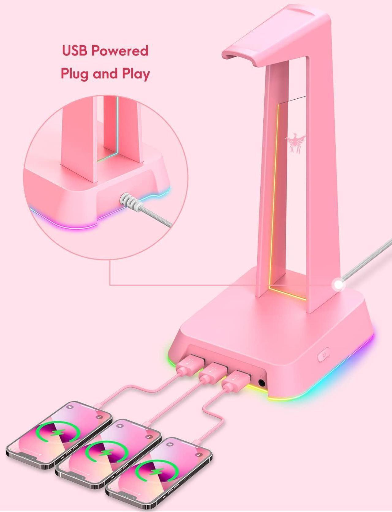 Alt view image 4 of 6 - RGB Headphone Stand with 3.5mm AUX and 3 Port USB 2.0 Hub, Universal Gaming Headset Hanger Holder for Computer Gaming Gamer Accessories (Pink)