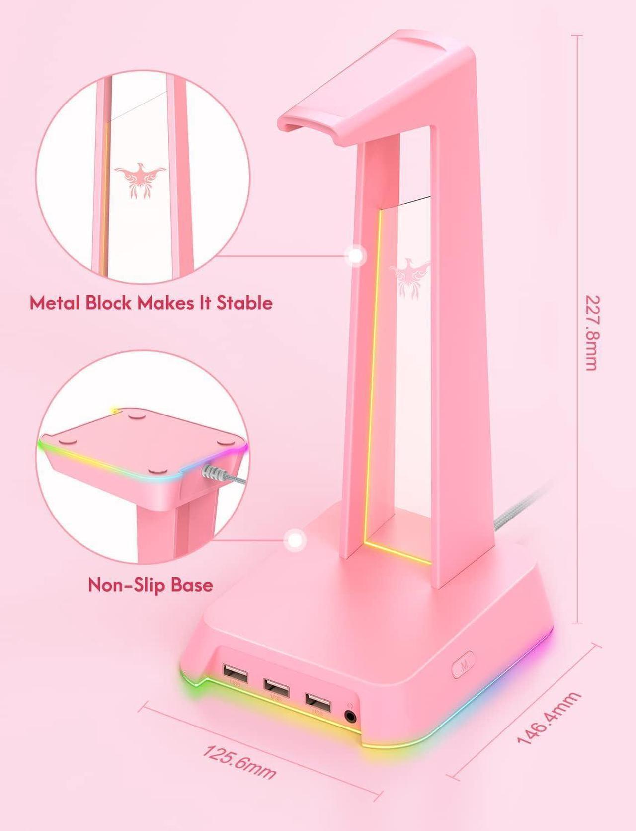 Alt view image 5 of 6 - RGB Headphone Stand with 3.5mm AUX and 3 Port USB 2.0 Hub, Universal Gaming Headset Hanger Holder for Computer Gaming Gamer Accessories (Pink)