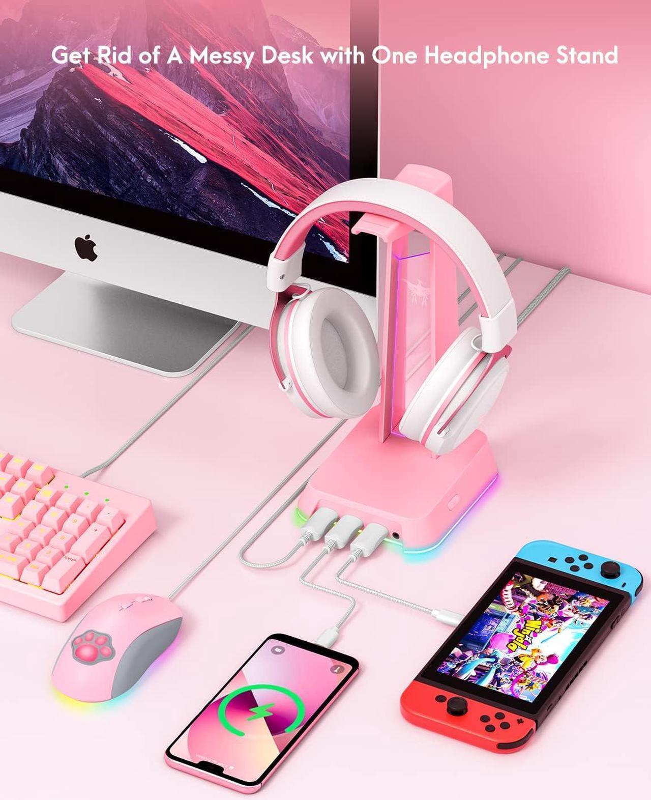 Alt view image 6 of 6 - RGB Headphone Stand with 3.5mm AUX and 3 Port USB 2.0 Hub, Universal Gaming Headset Hanger Holder for Computer Gaming Gamer Accessories (Pink)